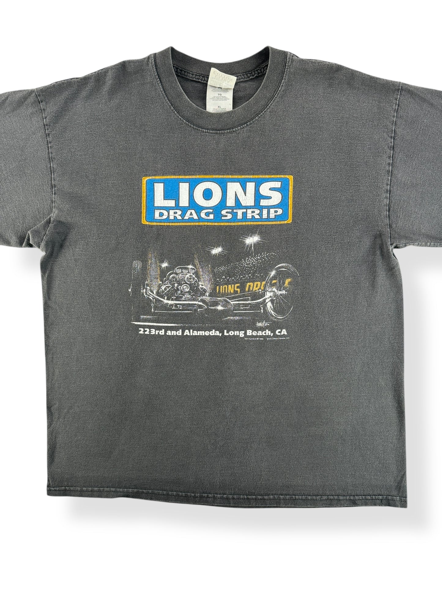 Front Close Up of Vintage Lions Drag Strip Tee SZ XL
