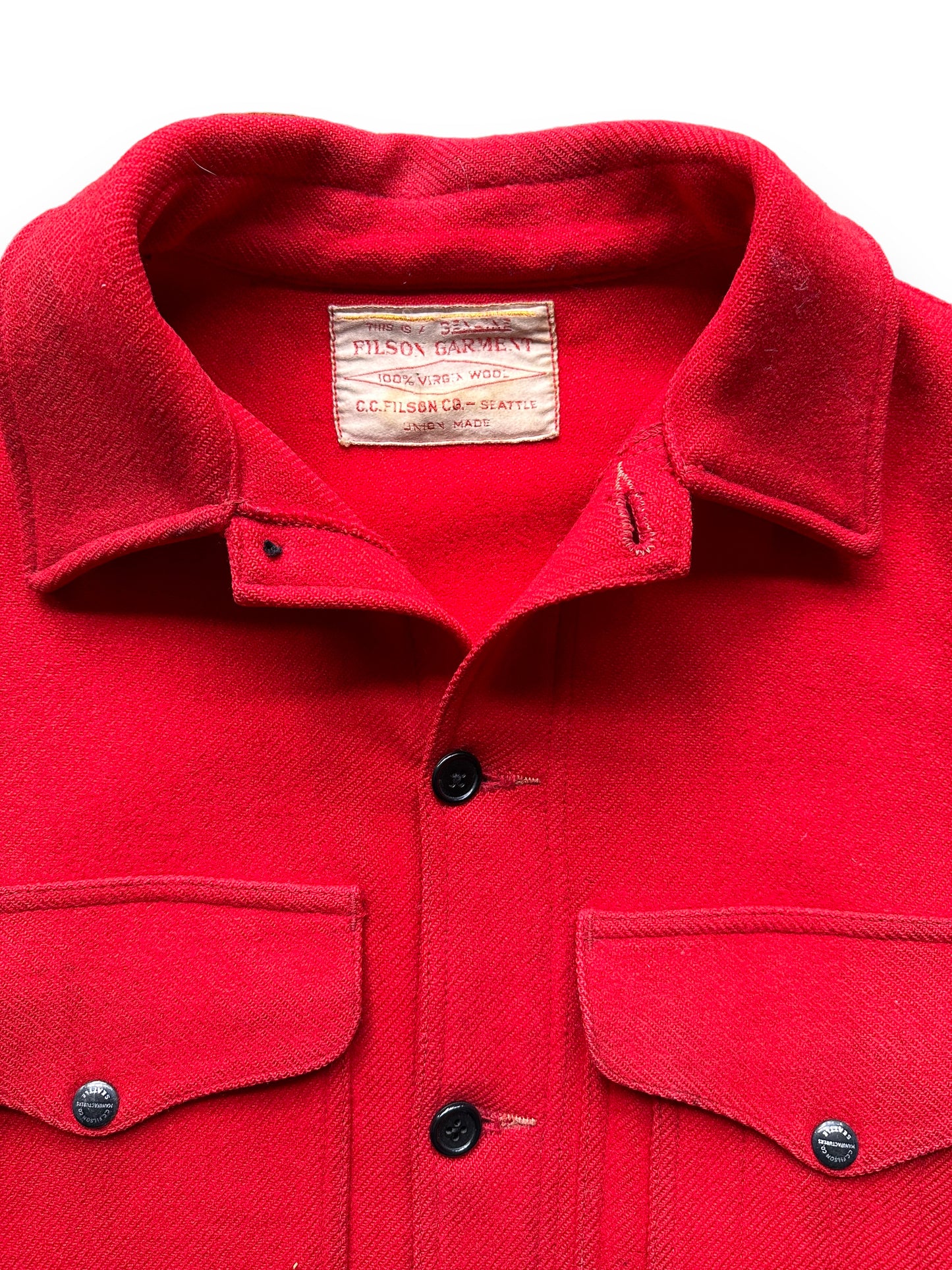 collar of Vintage Union Made Era Filson Scarlet Cruiser Size 44 | Barn Owl Vintage Goods | Vintage Filson Workwear Seattle