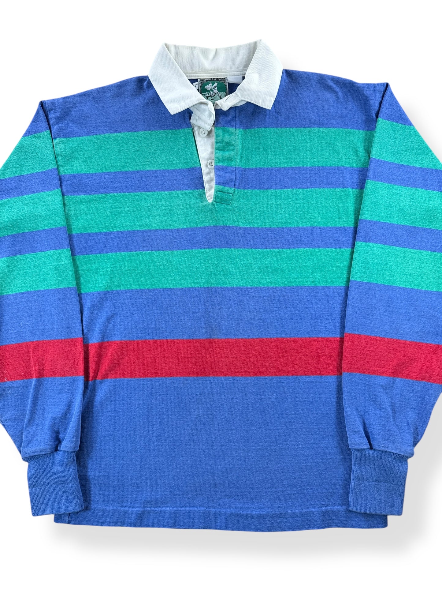 Front Close Up of Vintage McIntosh & Seymour Striped Rugby Shirt SZ L