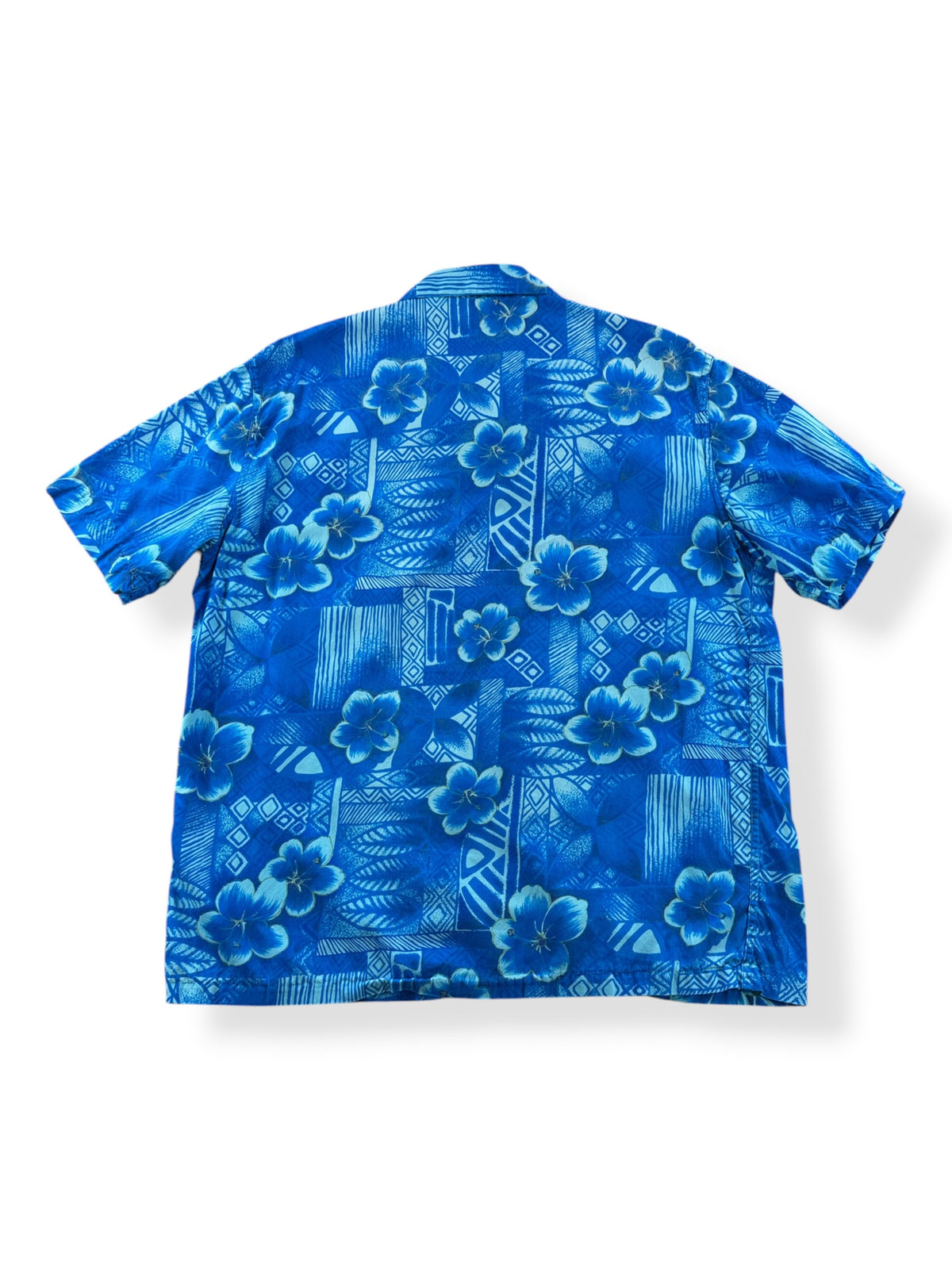 Back of Vintage Blue Unlabeled Aloha Shirt SZ M