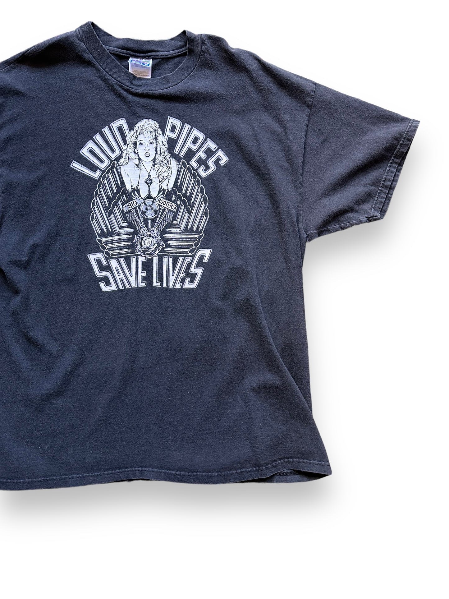 Front Left View of Vintage Loud Pipes Save Lives Tacoma Twin V Harley Tee SZ XXL | Vintage Harley Tee Seattle | Barn Owl Vintage Clothing