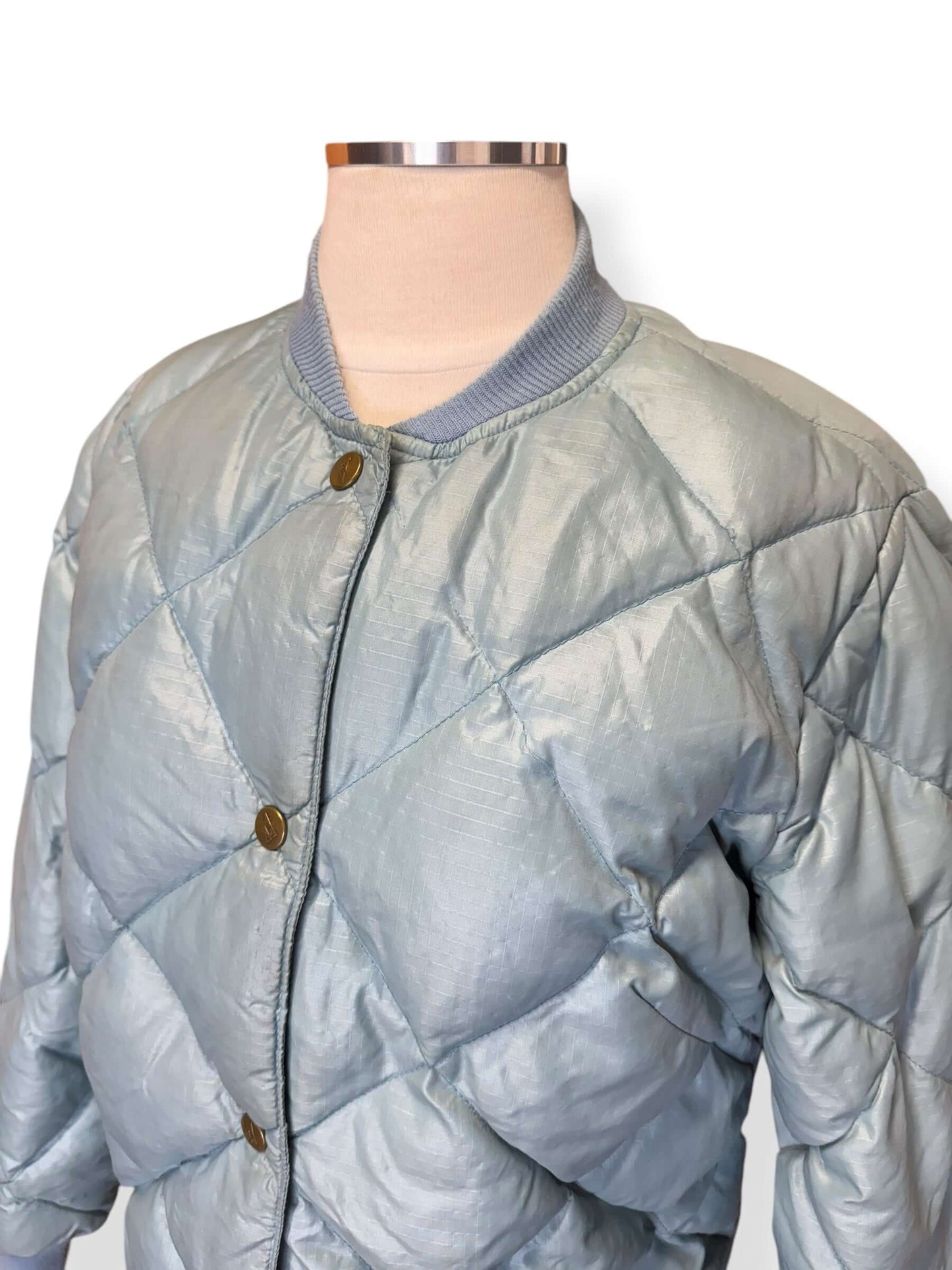 Side view of 80s Eddie Bauer Pale Blue Quilted Puffer Jacket M