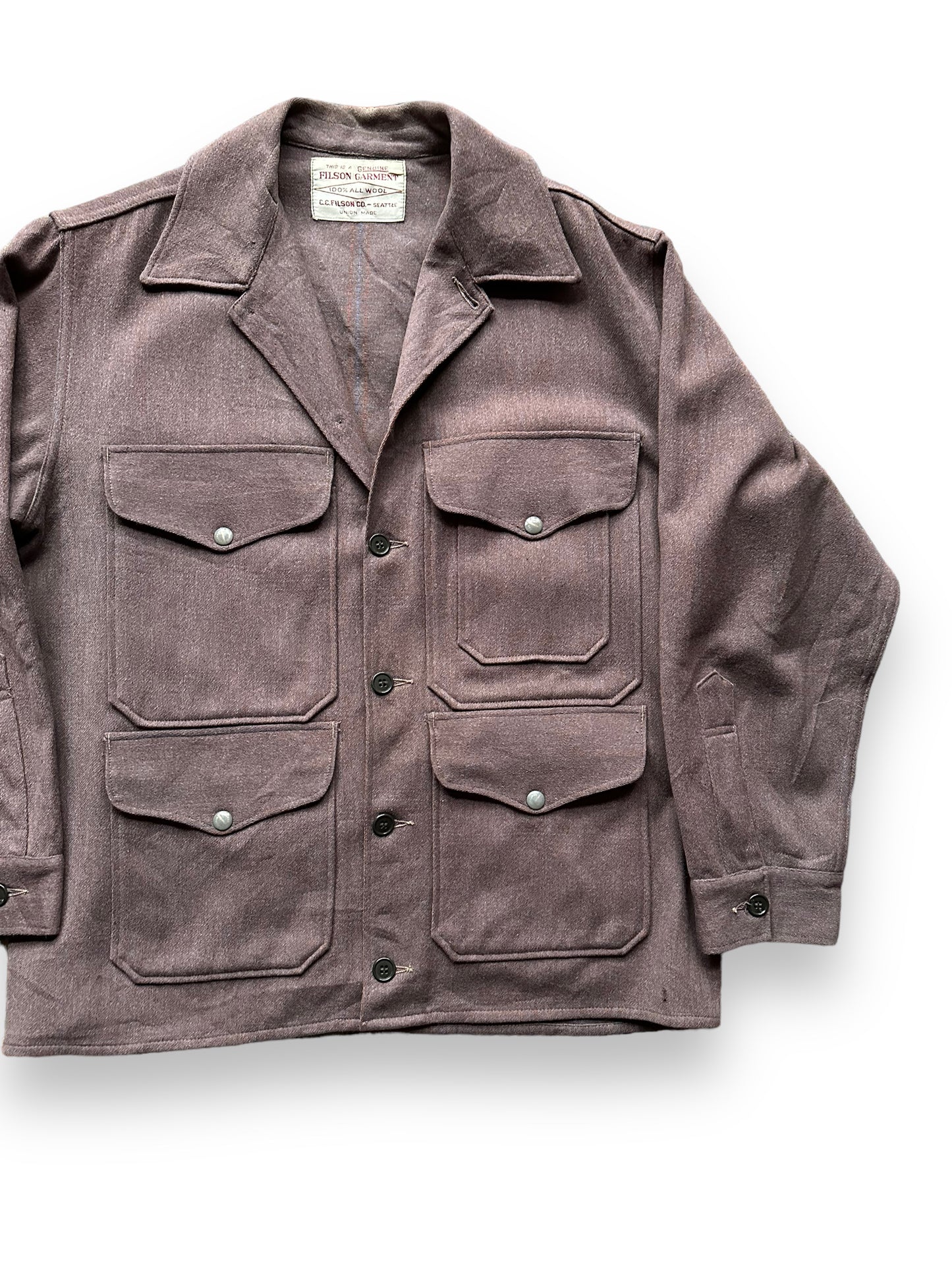 Front Left View of Rare Vintage Filson Pin Striped Union Made Cruiser Coat SZ 44 | Vintage Rare Filson Cruiser | Vintage Workwear Seattle