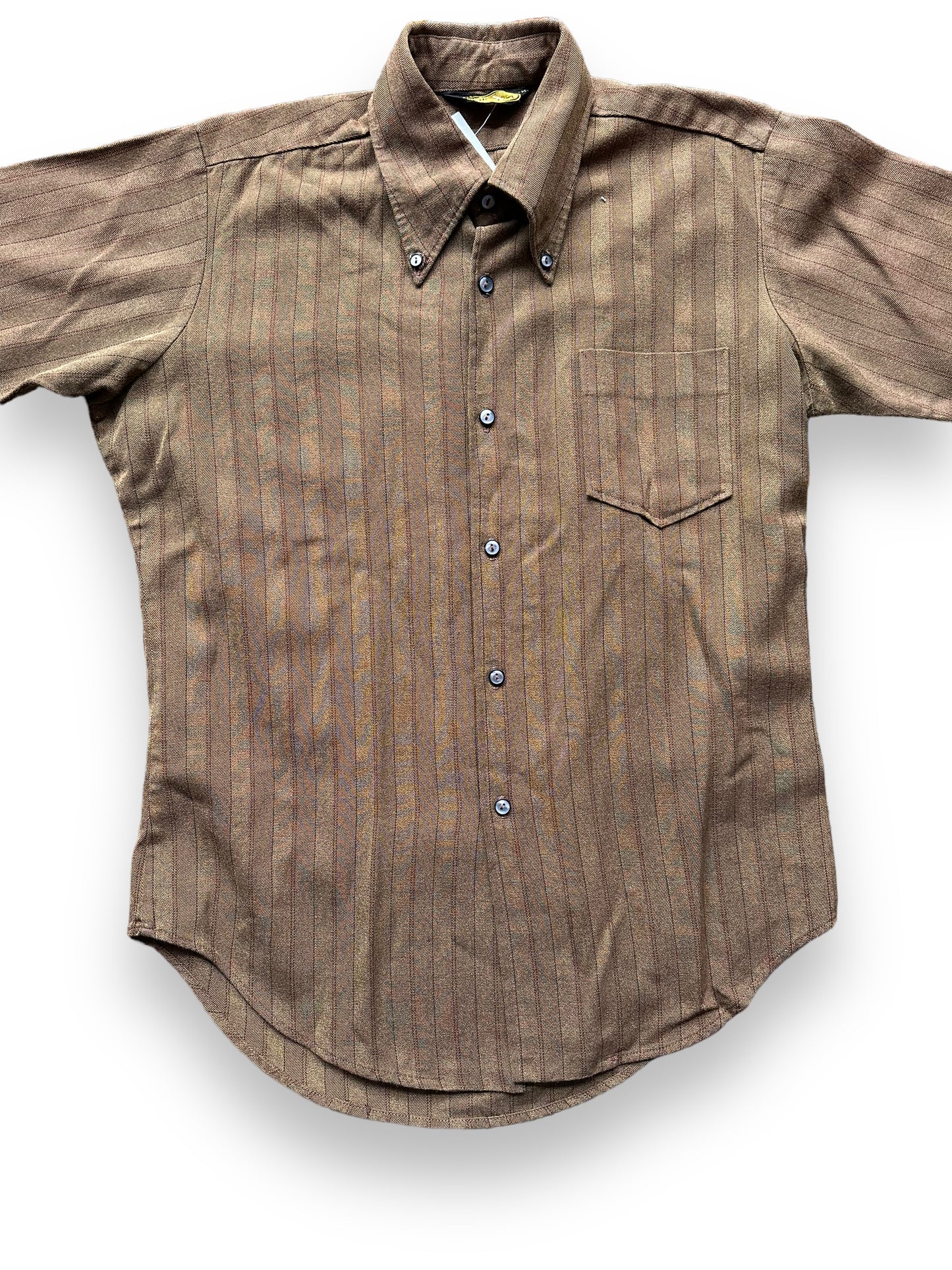 Front Detail on Vintage Davinci Brown Stripes Short Sleeve Button Up Shirt SZ M | Vintage Button Up Shirt Seattle | Barn Owl Vintage Seattle