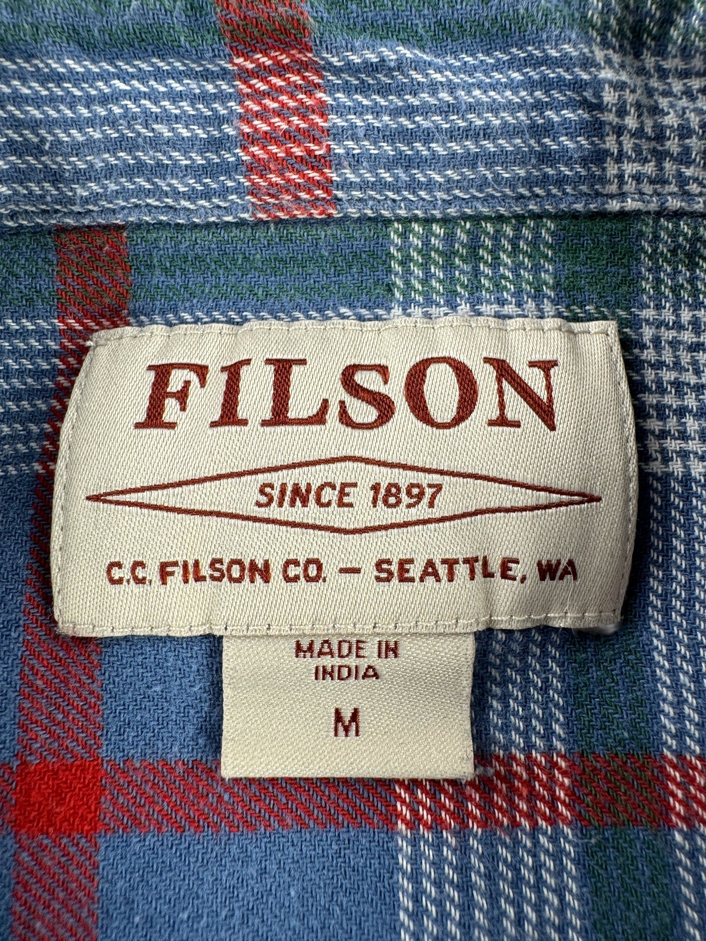 Tag on Filson Women's Scout Blue Green Flannel Shirt SZ M