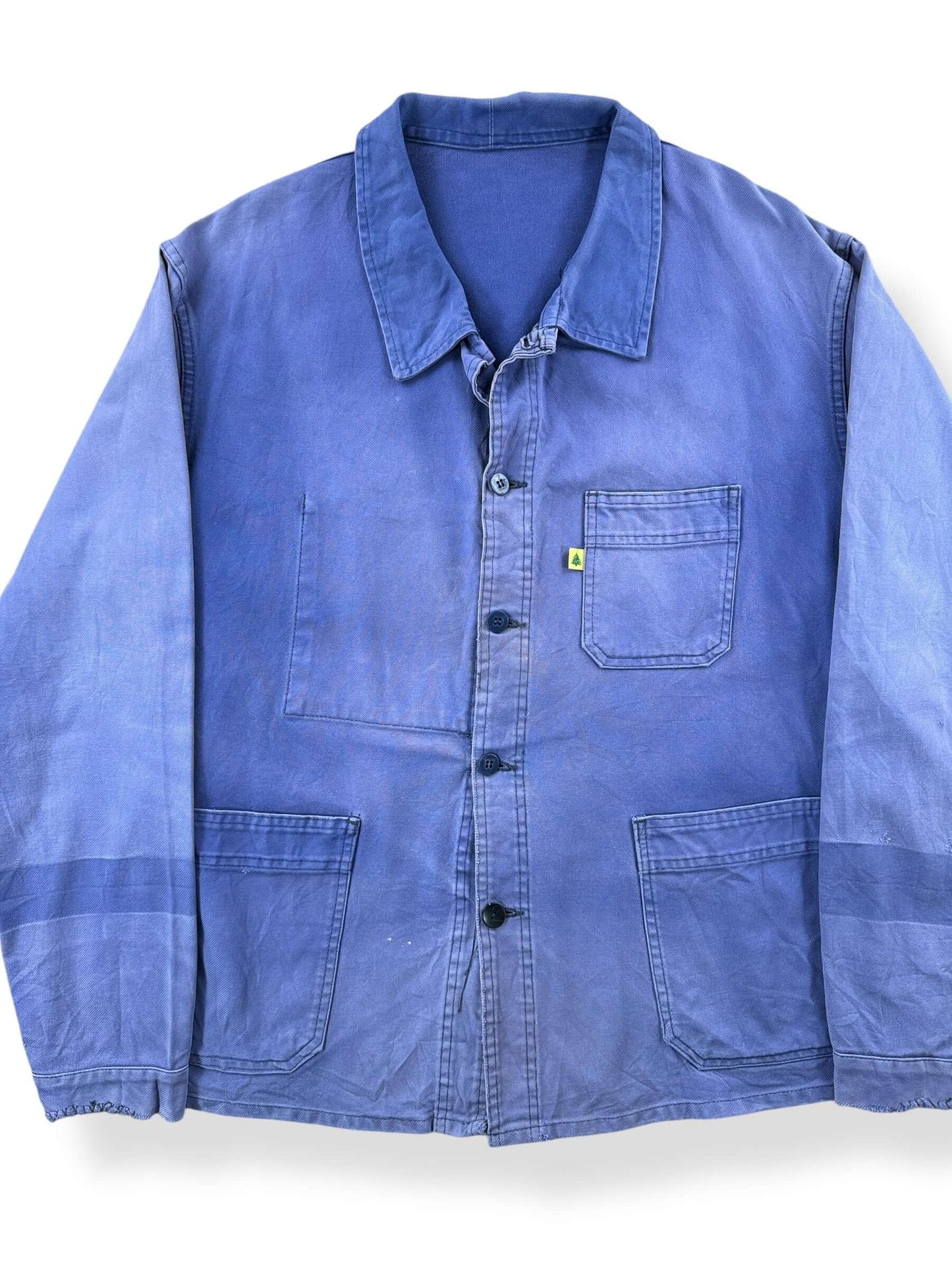 Front Close Up of Vintage Sunfaded French Chore Coat SZ XL