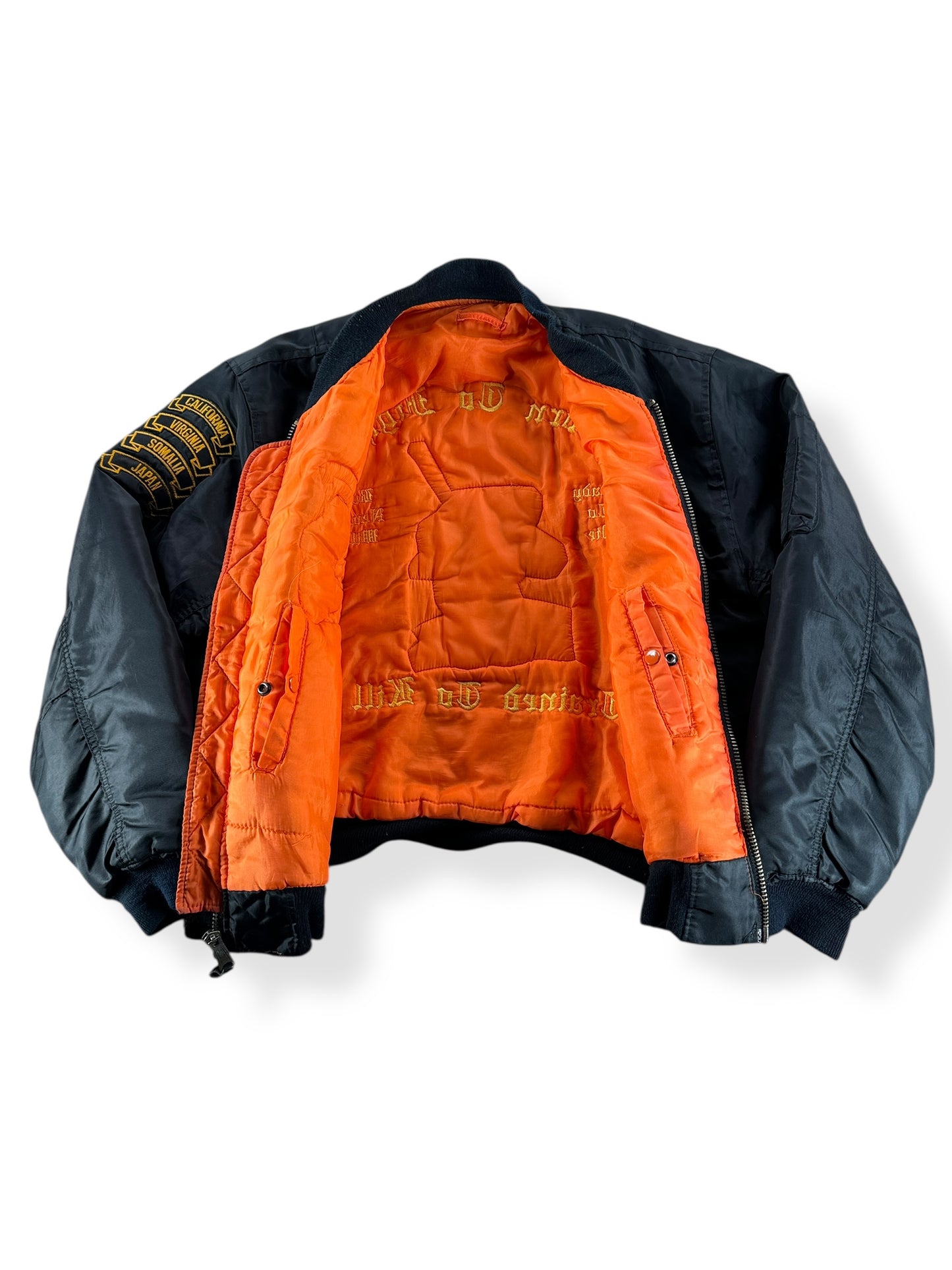Inside of Vintage Born to Fight Trained to Kill MA-1 Jacket SZ XXL