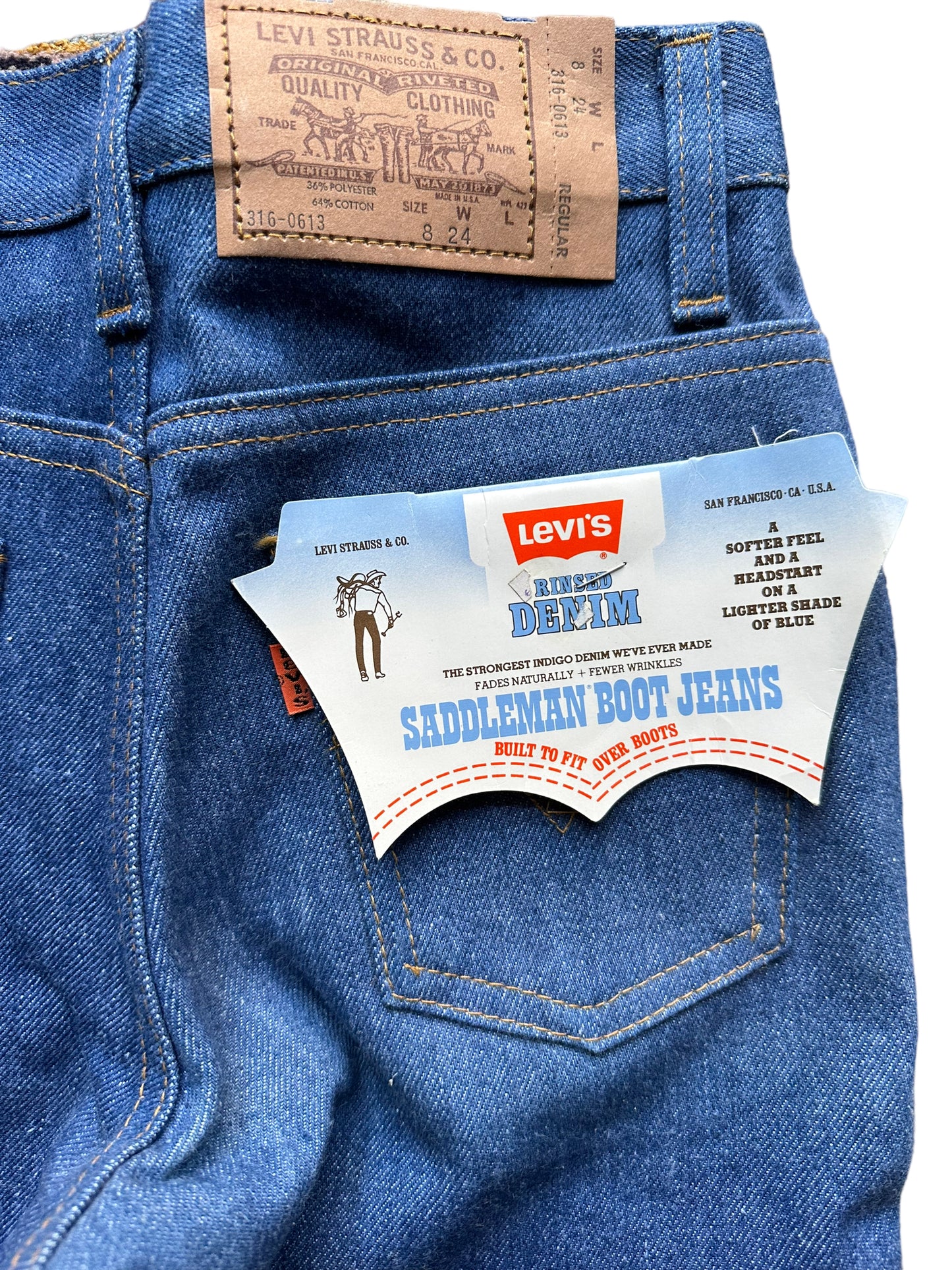 Back right pocket view of Vintage Deadstock Saddleman Boot Cut Jeans 24x23 | Seattle Kid's Vintage | Barn Owl Deadstock Levi's