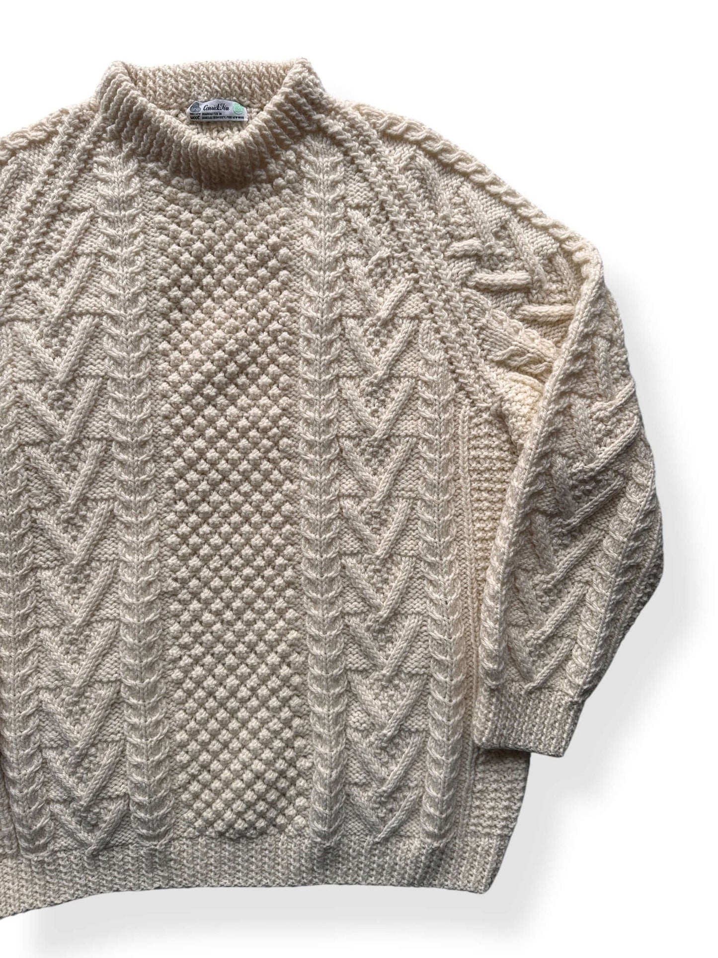 Front Left of Vintage Carrick Fin Irish Cable Knit Aran Fishermans Sweater SZ XL