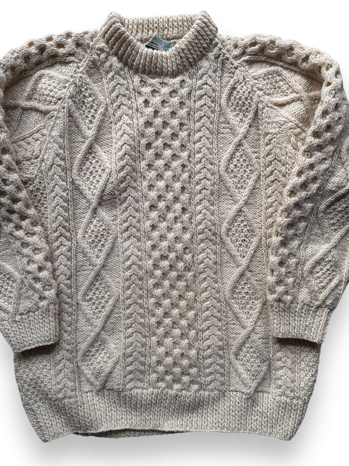 front close up of Vintage Ronnie Hannigan Irish Wool Sweater SZ XL