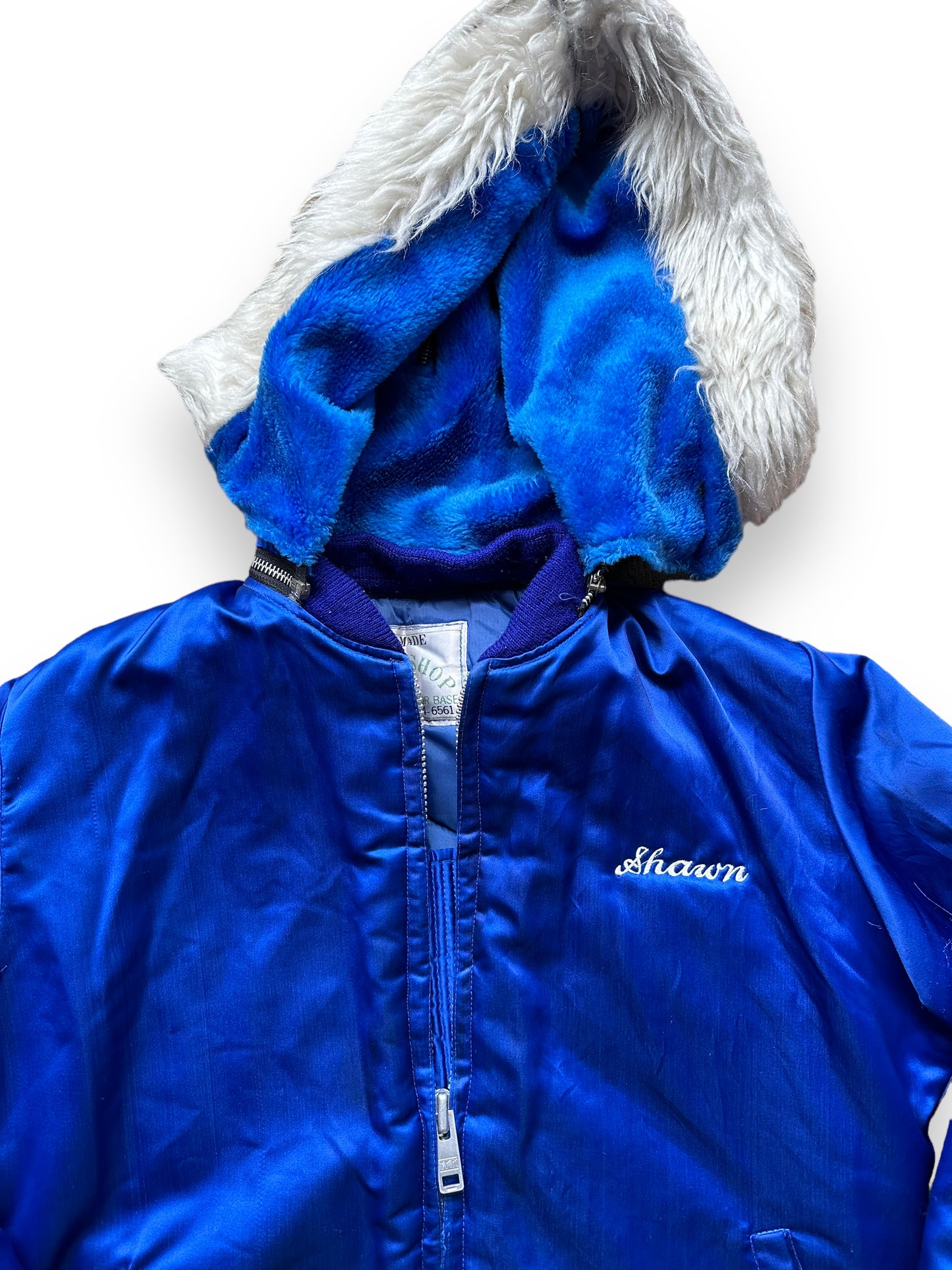 Hood View of Vintage Blue Korea Souvenir Jacket SZ L | Vintage Souvenir Jacket Seattle | Barn Owl Vintage Seattle