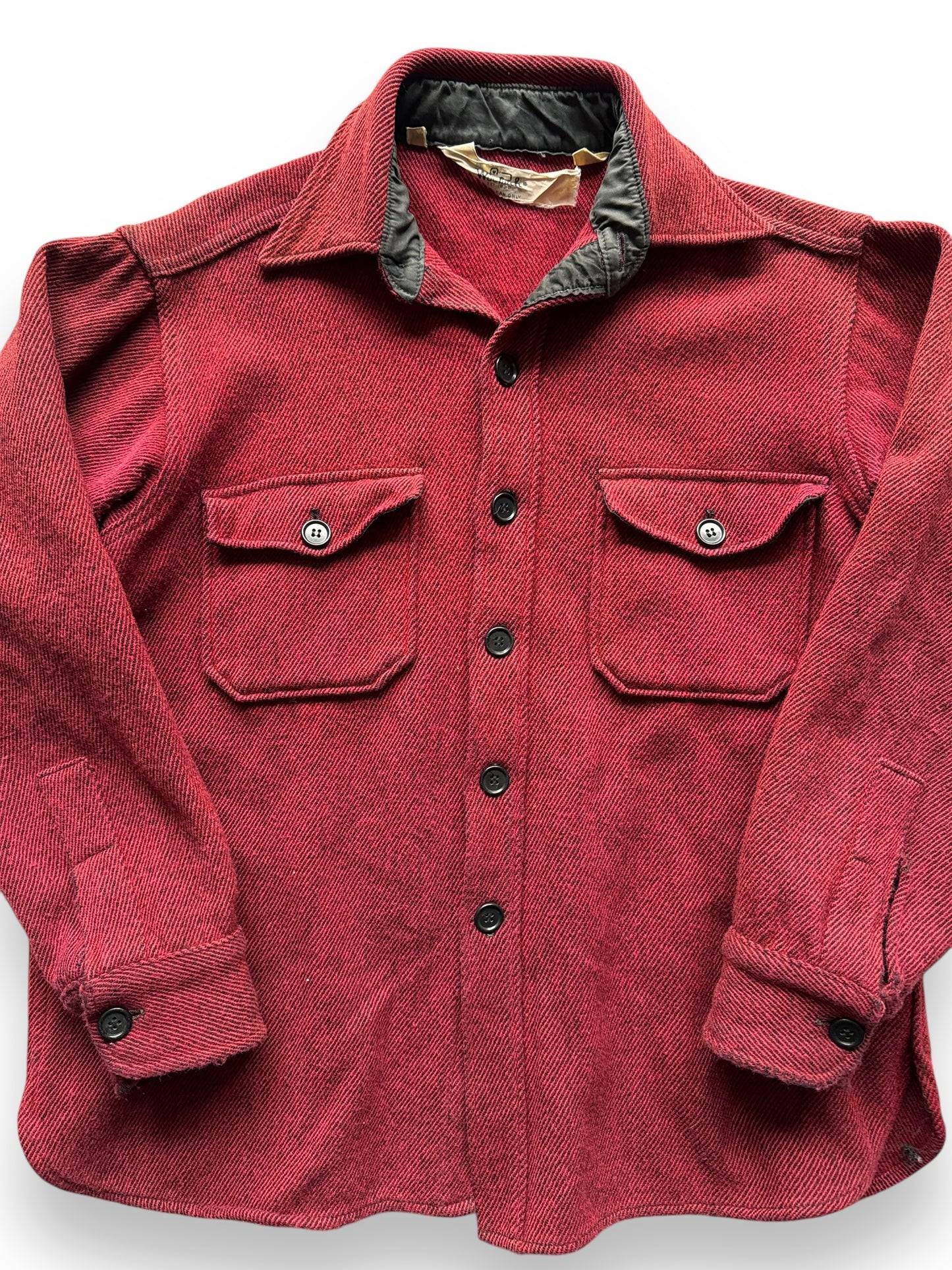 front close up of Vintage Woolrich Red Herringbone Wool Shirt SZ L