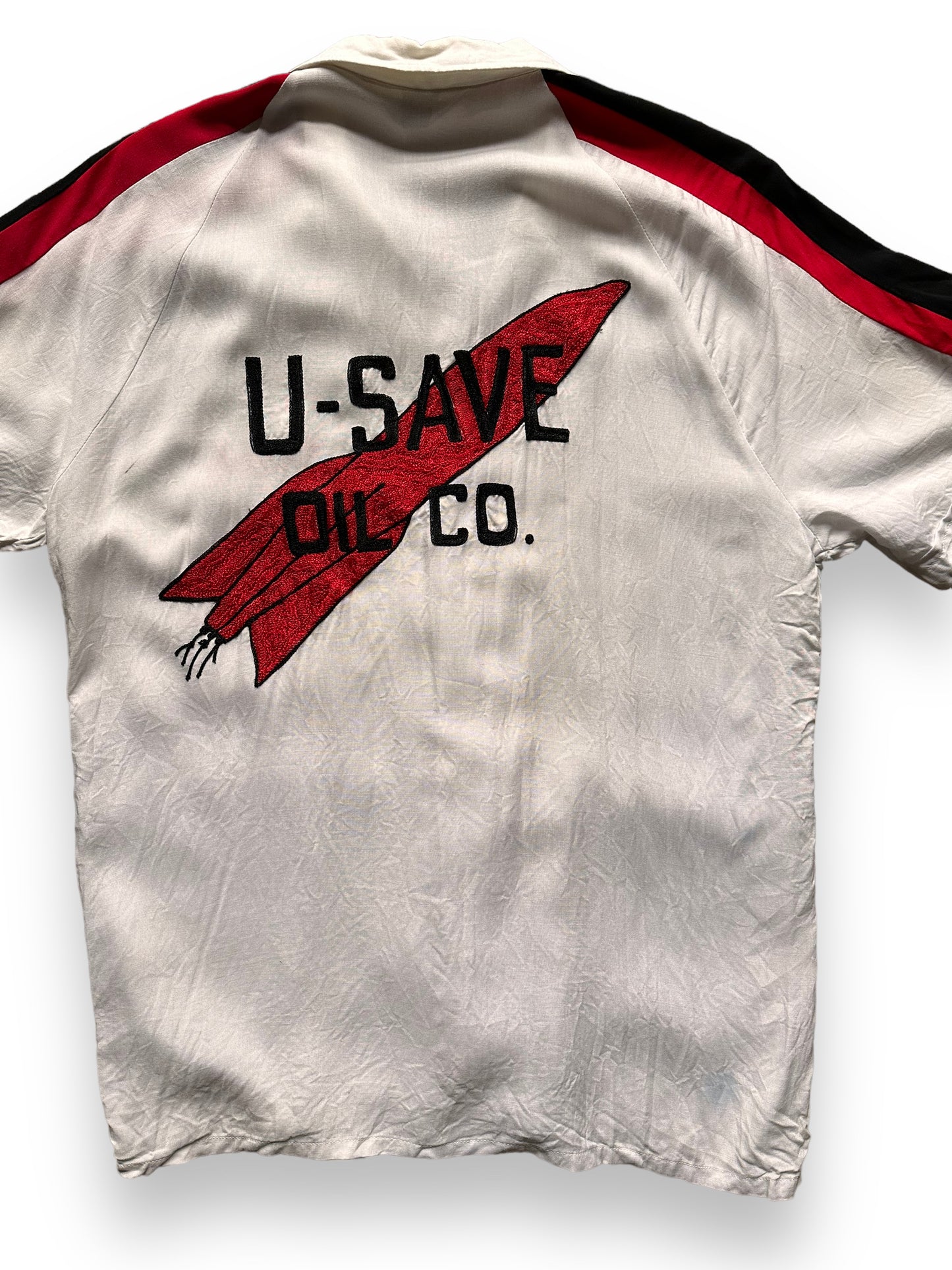 back close up of Vintage U Save Oil Chainstitched Rayon Bowling Shirt SZ M | Vintage Bowling Shirt Seattle | Barn Owl Vintage Seattle