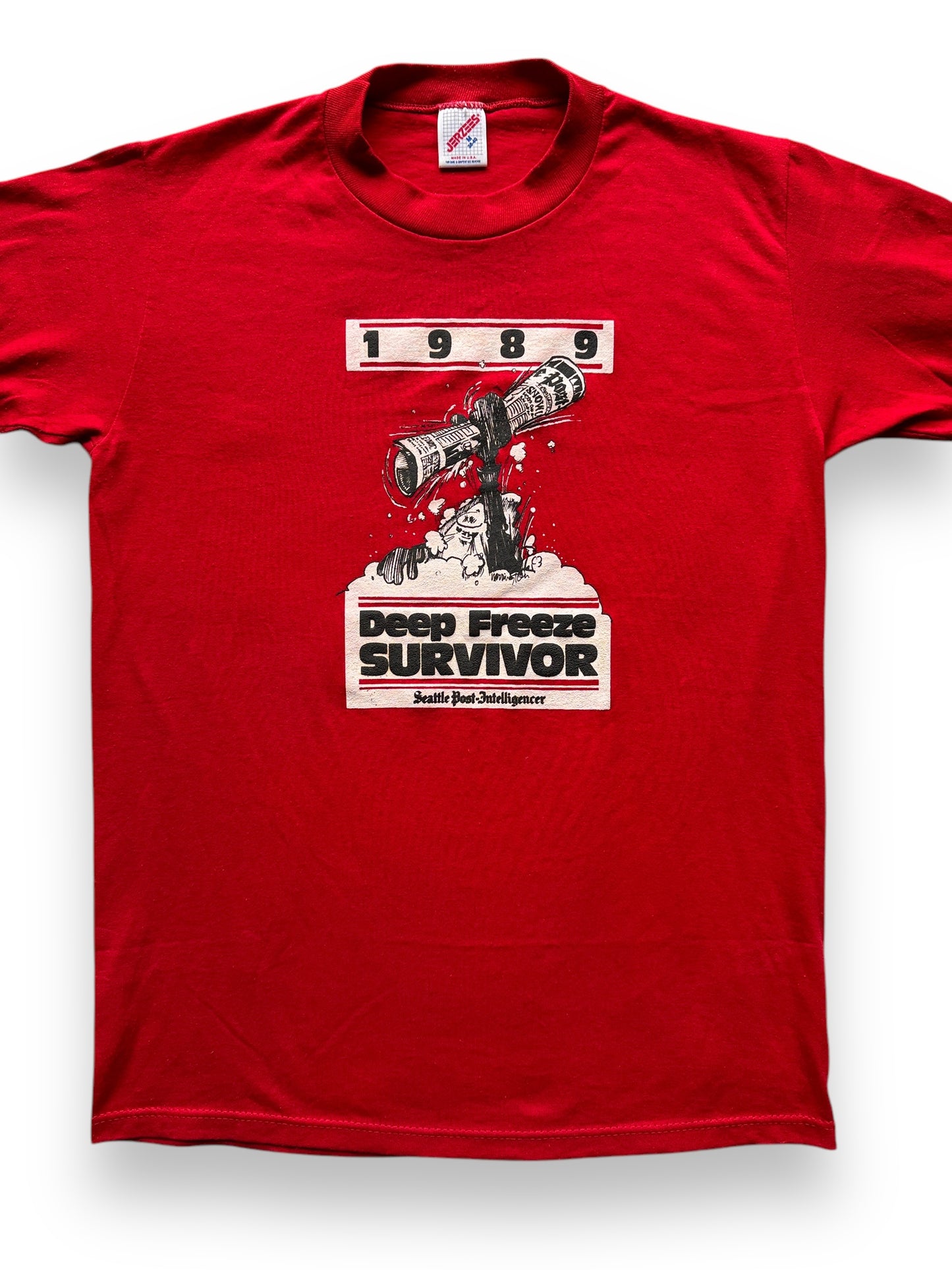 front close up of Vintage 1989 Seattle Post Intelligencer Deep Freeze Survivor Tee SZ M