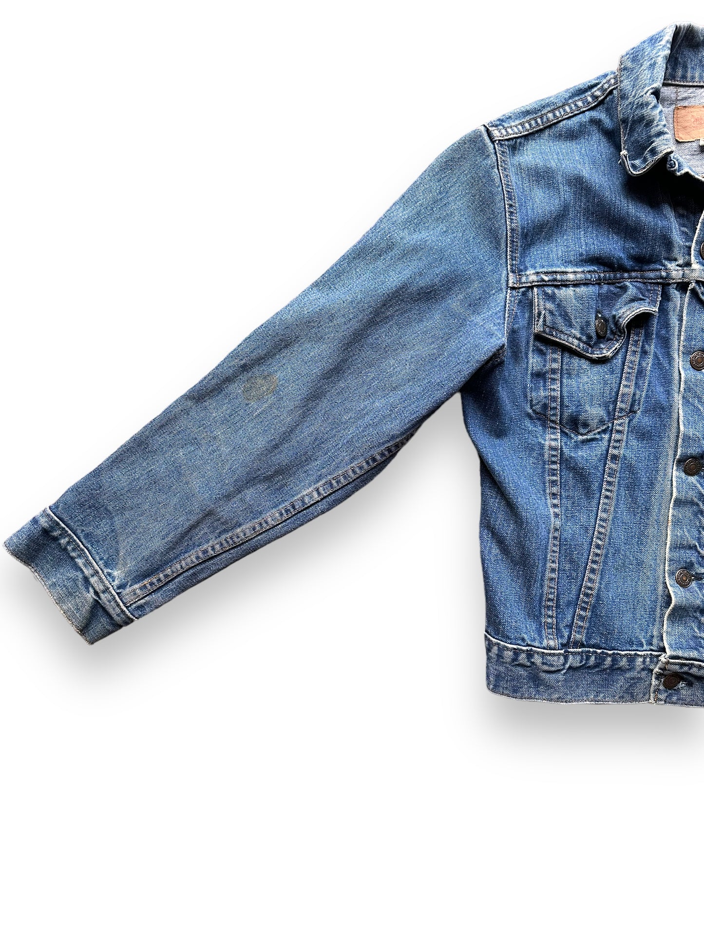 Right Sleeve View of Vintage Levis Type 3 Denim Trucker Jacket SZ L | Vintage Levis Jacket Seattle | Seattle Vintage Denim Clothing