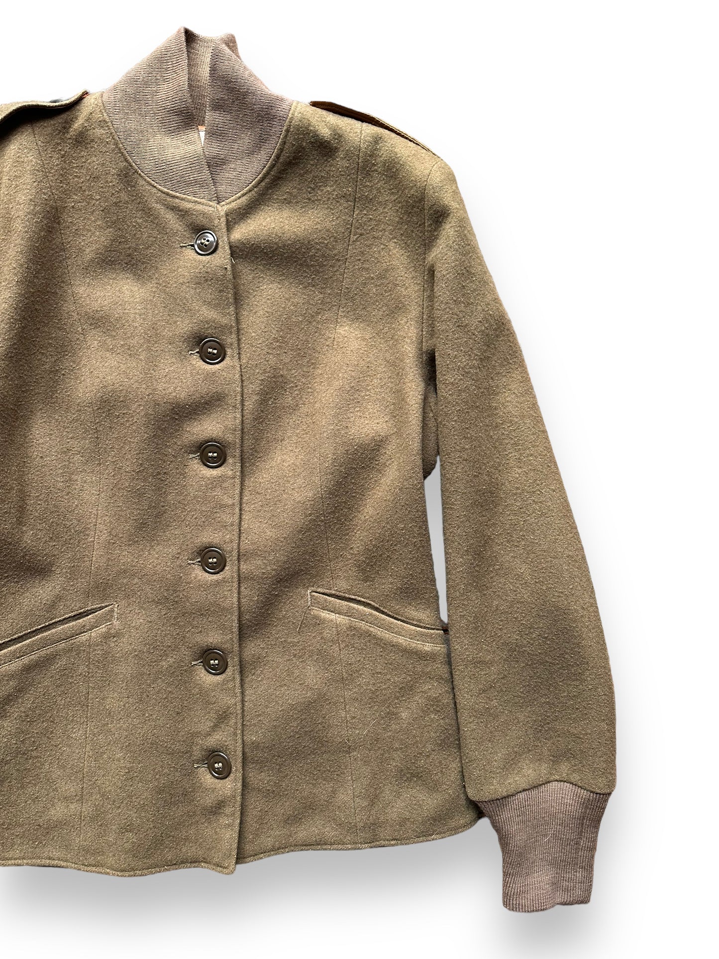 Front Left View of Vintage WWII Era Womens Wool Field Liner SZ 14R | Vintage M-1943 Wool Jacket Seattle | Barn Owl Vintage Seattle