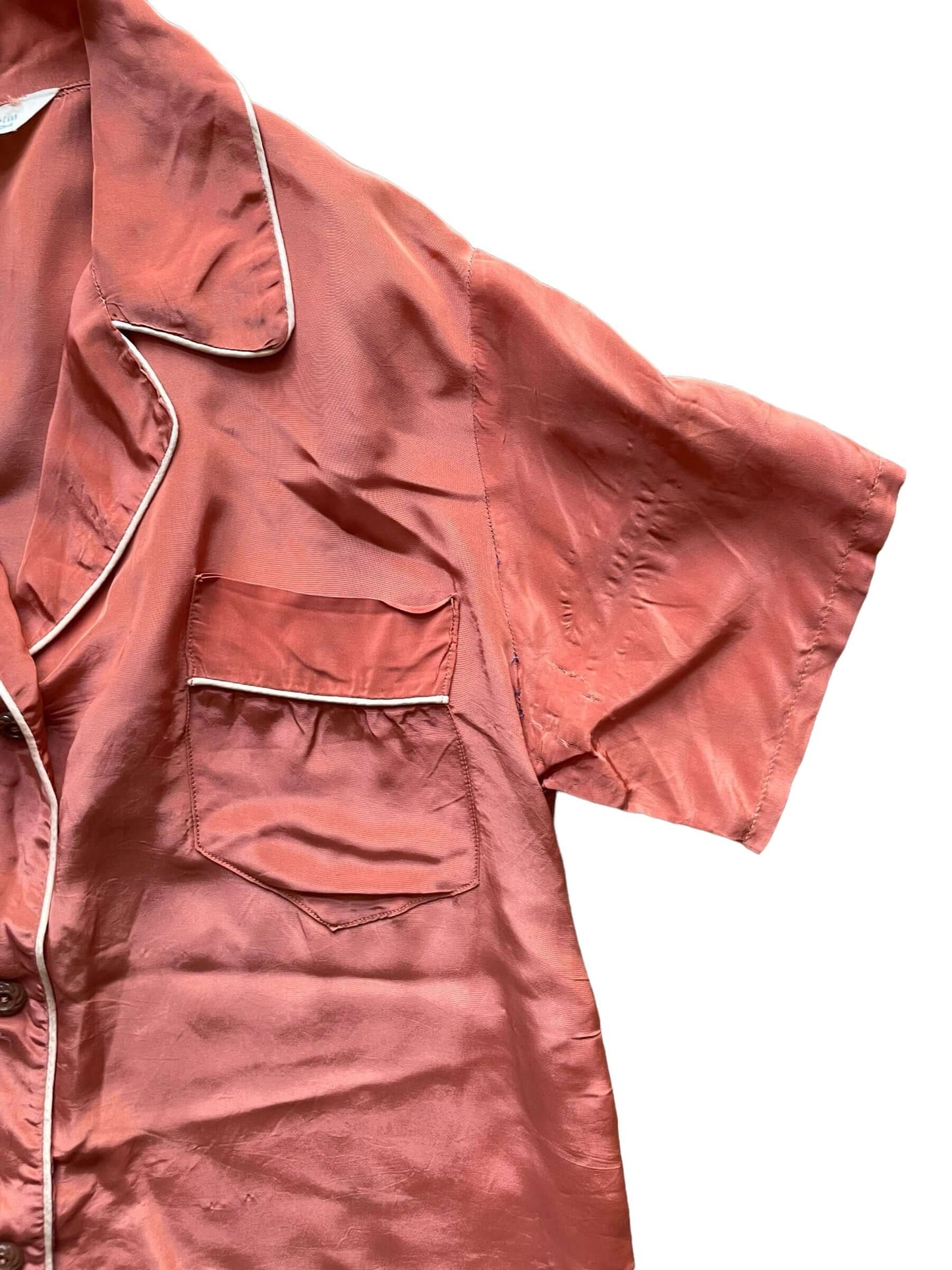 Front left shoulder view of 1940s Peggy Prim Satin PJ Top L-XL