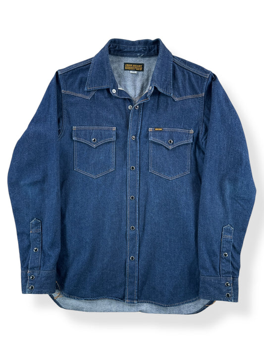 Front of Modern Iron Heart Denim Pearl Snap Shirt SZ L