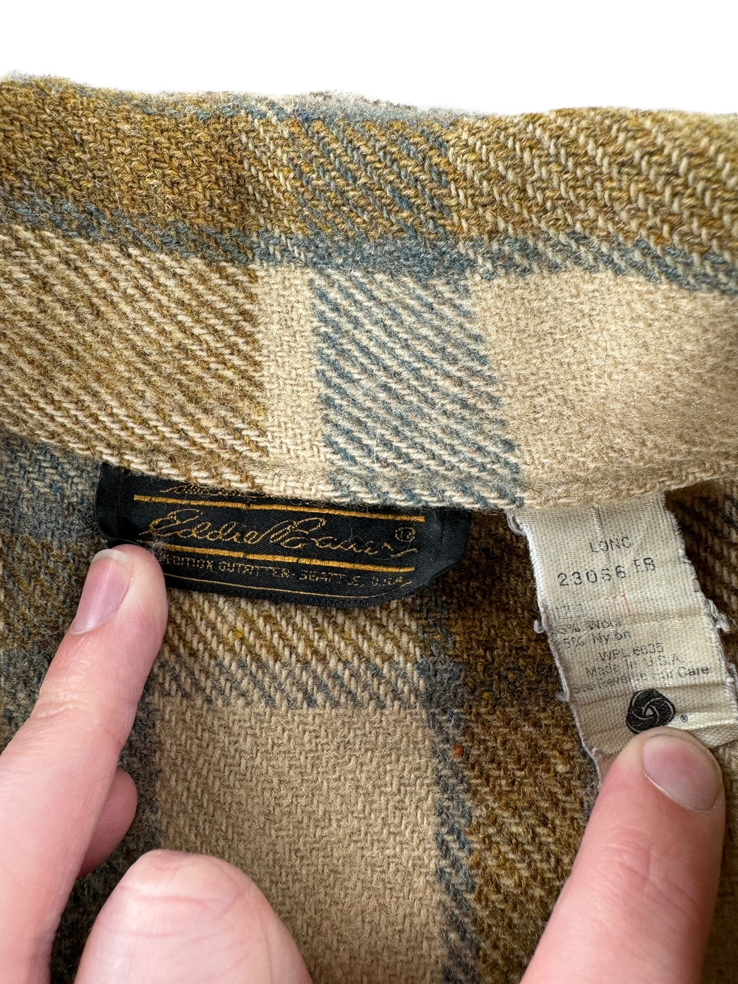 Tag on Vintage 80s Eddie Bauer Wool Flannel Jacket SZ XL