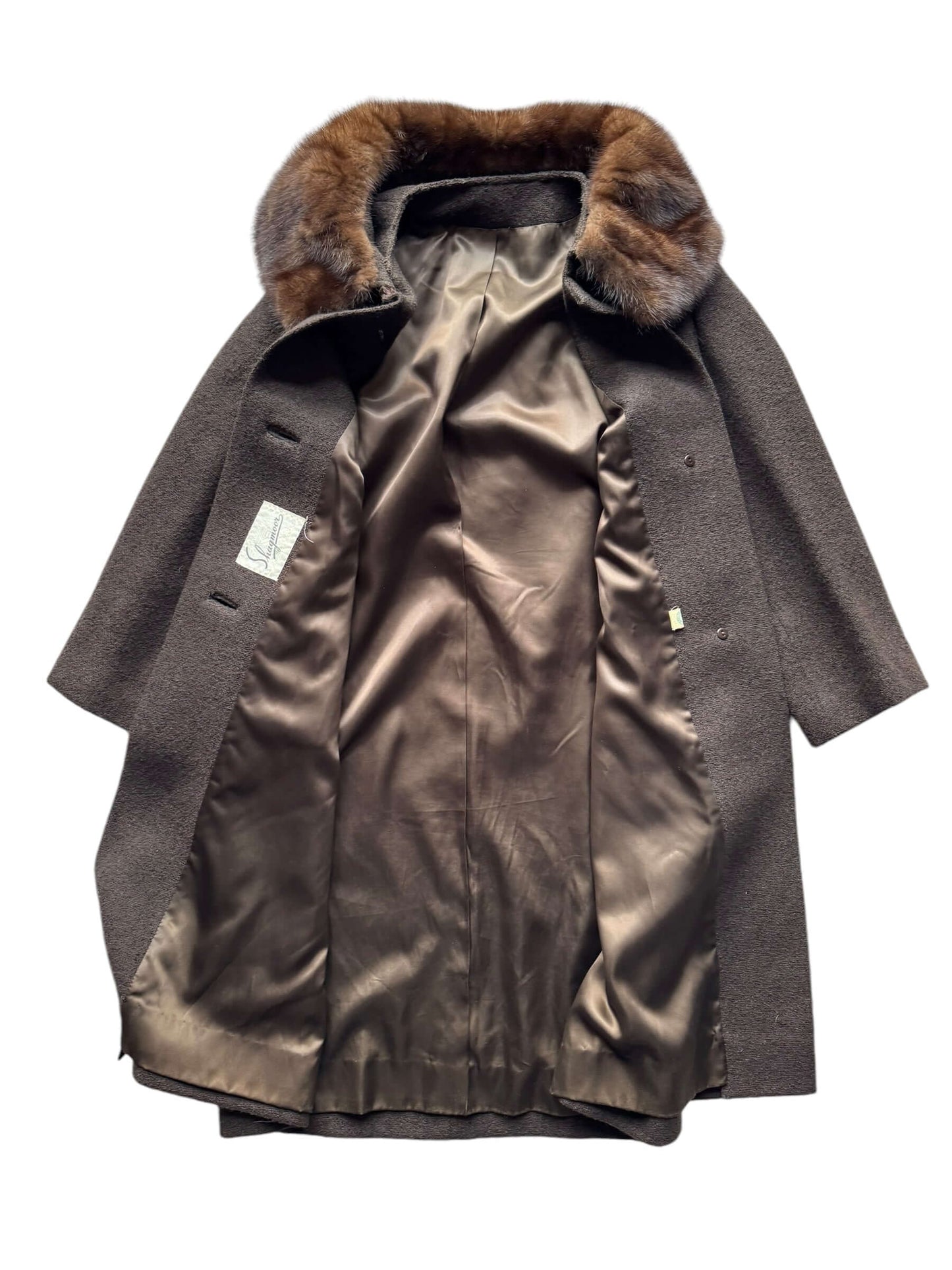 Open front of 1960s Shagmoor Brown Coat with Mink Collar M-XL