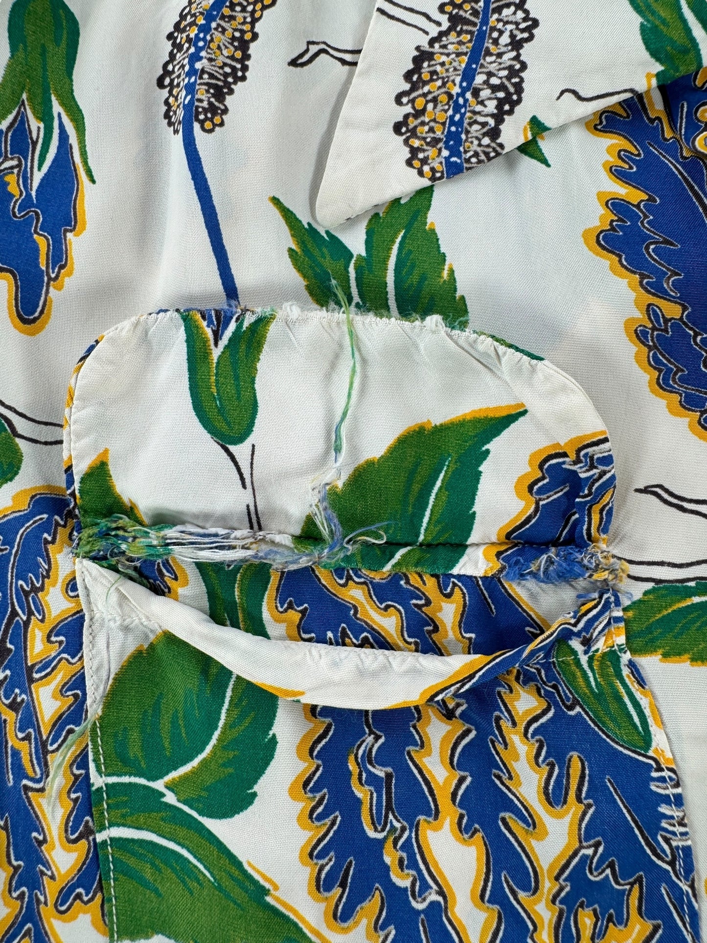 Distressing on Vintage Long Sleeve Rayon Aloha Shirt SZ L
