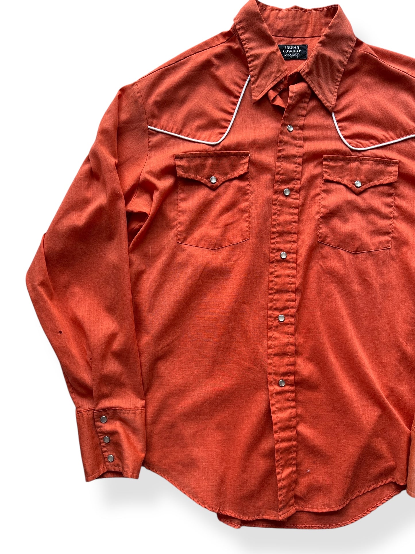 Front Right of Orange Urban Cowboy Pearlsnap SZ L