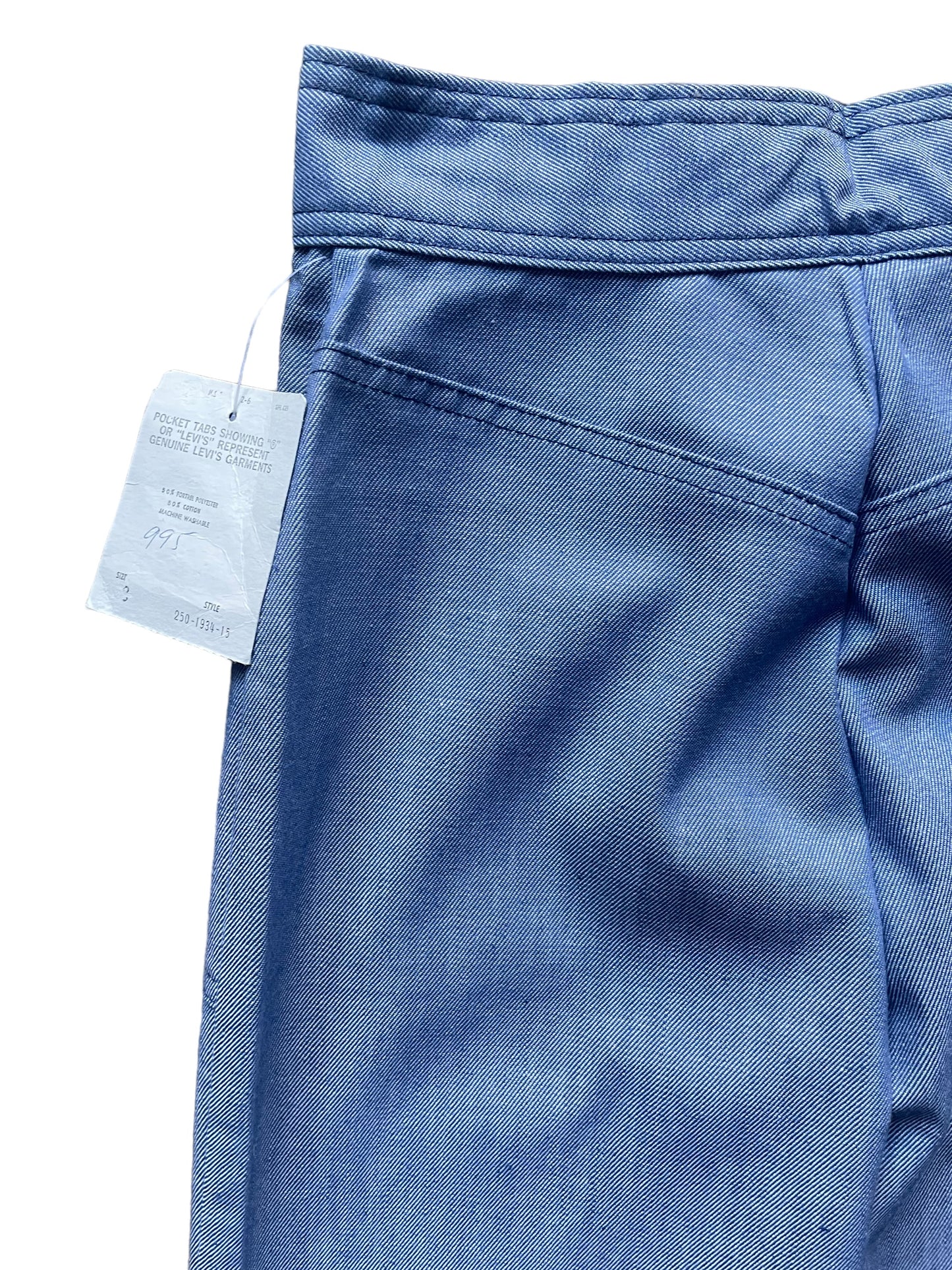 Back left side waist view of Vintage 1970s Deadstock Levi's Wide Leg Trousers W25 | Barn Owl Vintage Seattle | Vintage Denim