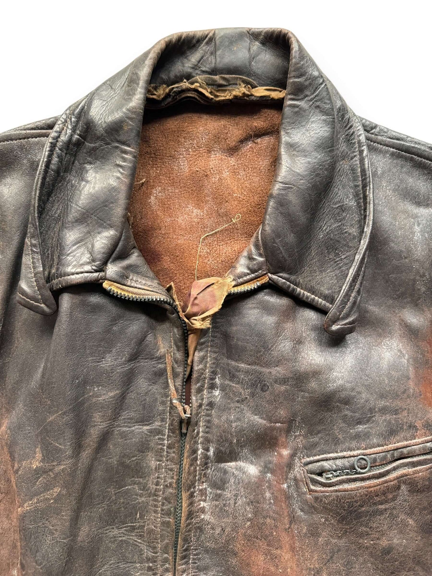 collar on Vintage Thrashed Sportclad Genuine Horsehide Leather Jacket SZ L