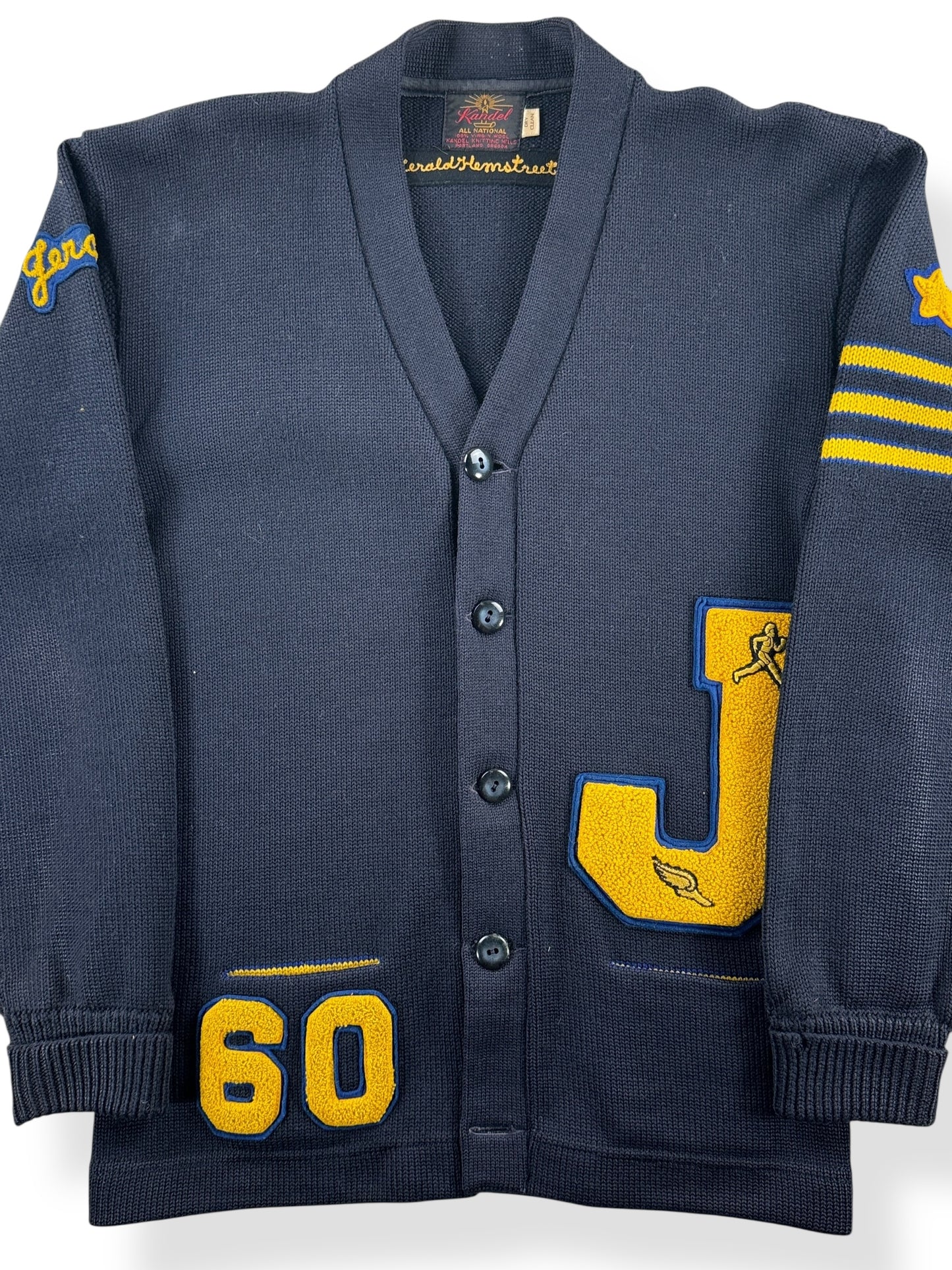 Front Close Up of Vintage 1960 Jerald J Kandel Varsity Cardigan SZ S