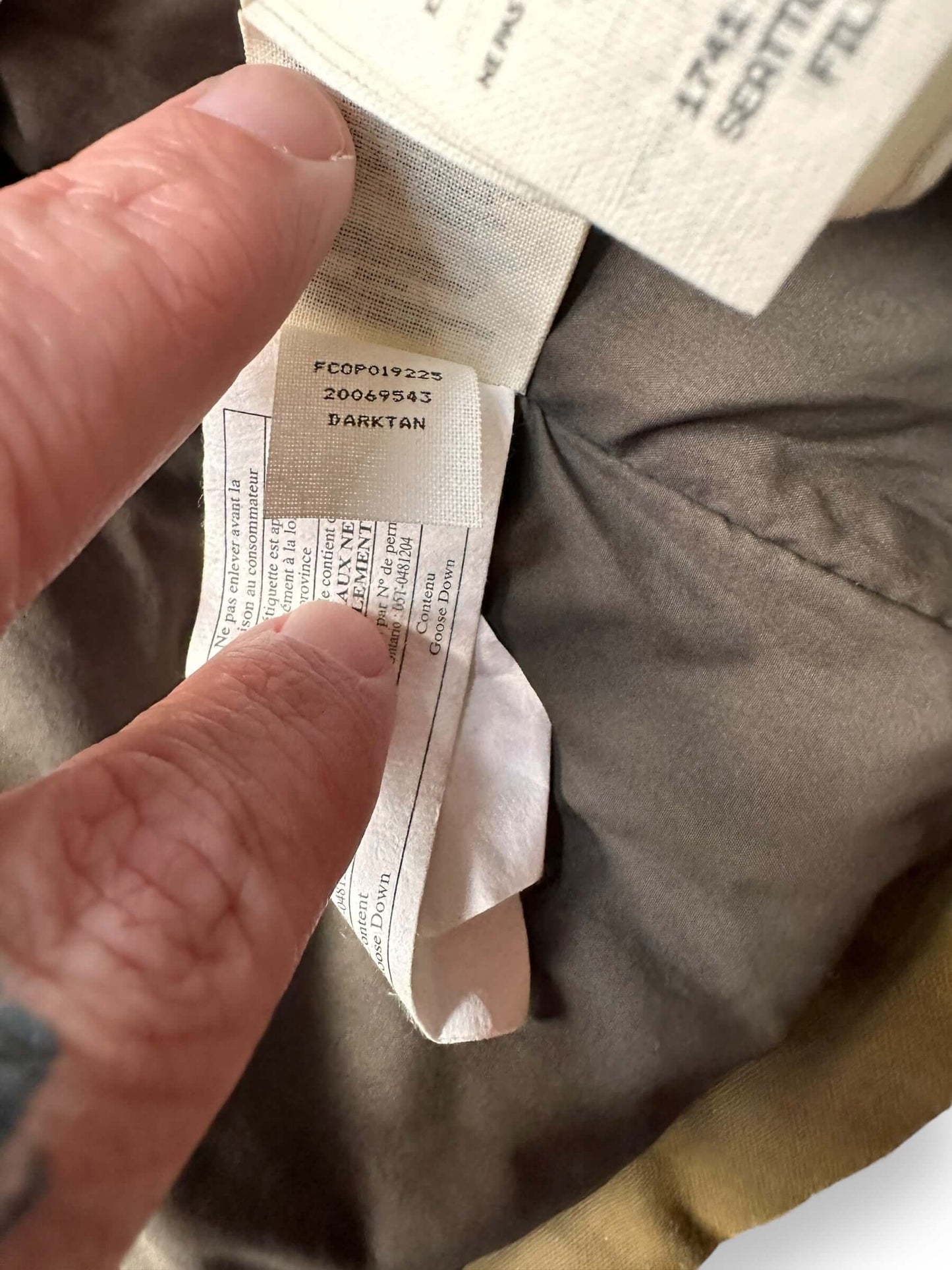 Production Tag View of Filson Down Cruiser Jacket SZ XS | Filson Down Cruiser | Filson Workwear Seattle