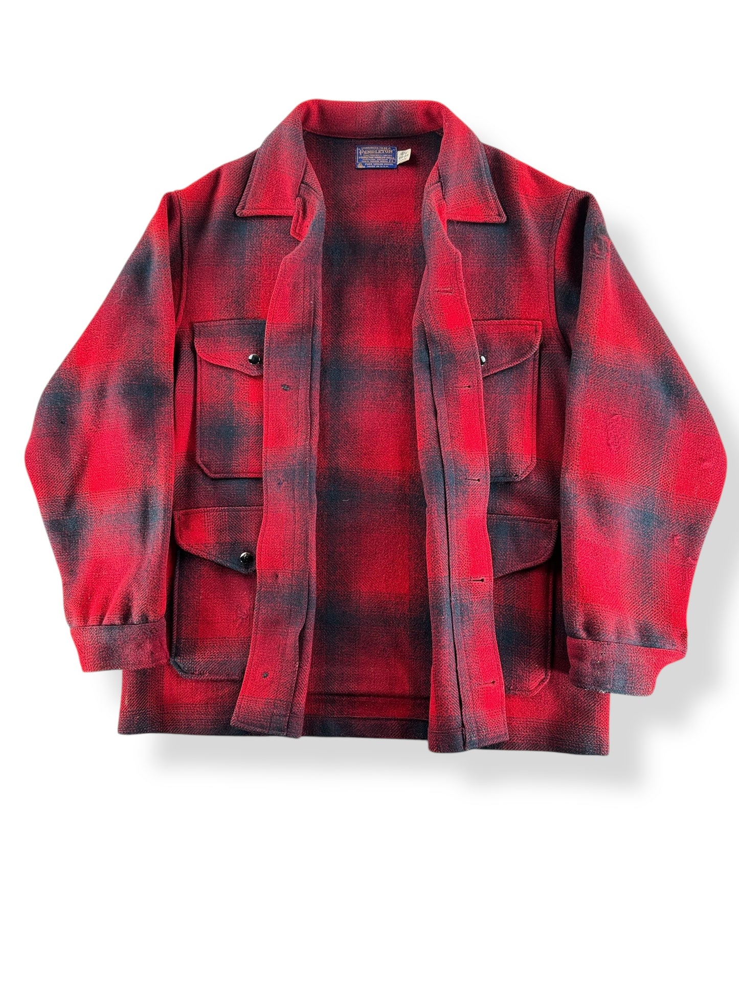 Inside of Vintage Pendleton Red & Black Shadow Plaid Mackinaw Jacket SZ L AS IS