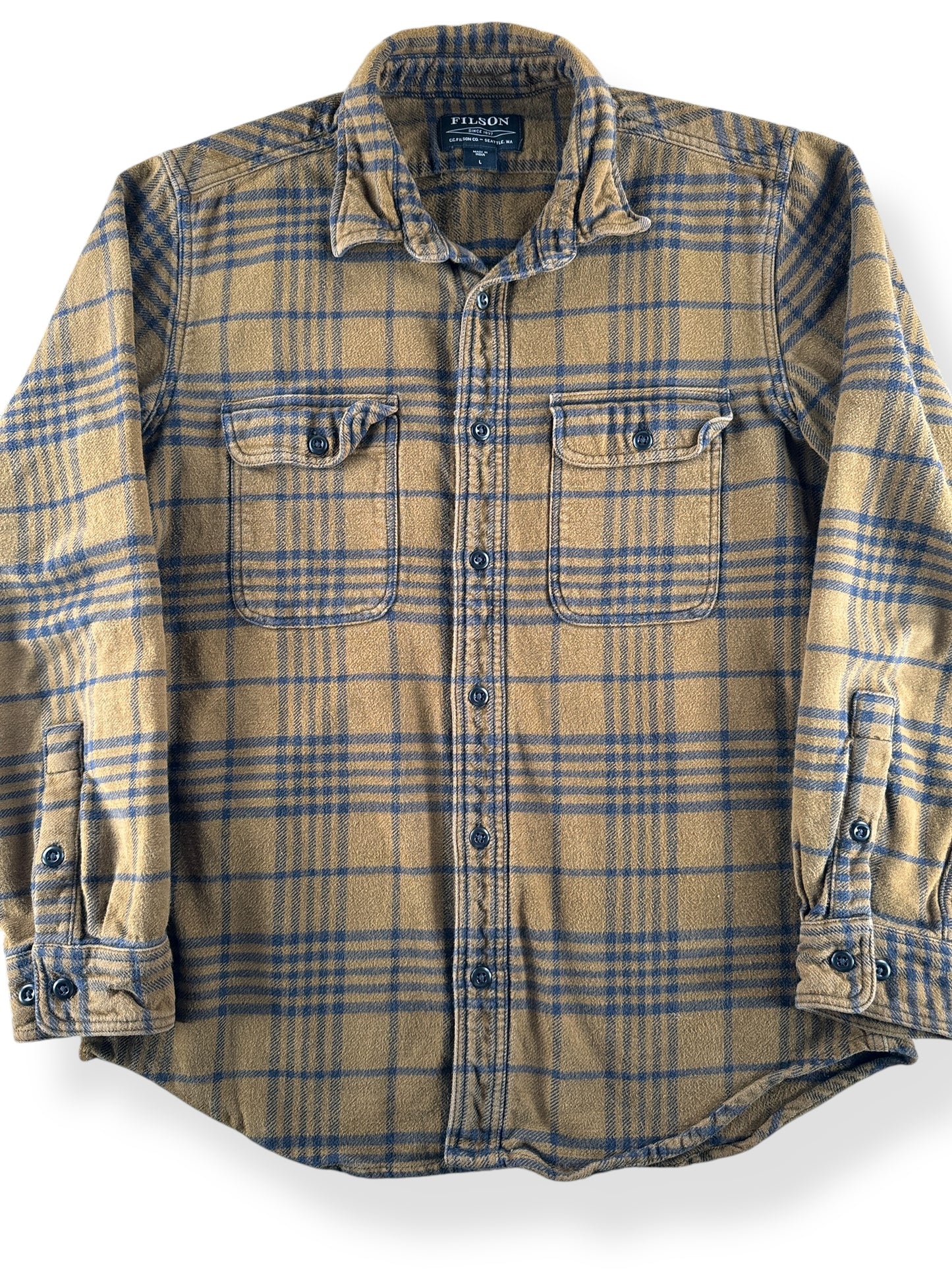 Front Close Up of Modern Filson Cotton Work Flannel Olive Brown Black SZ L