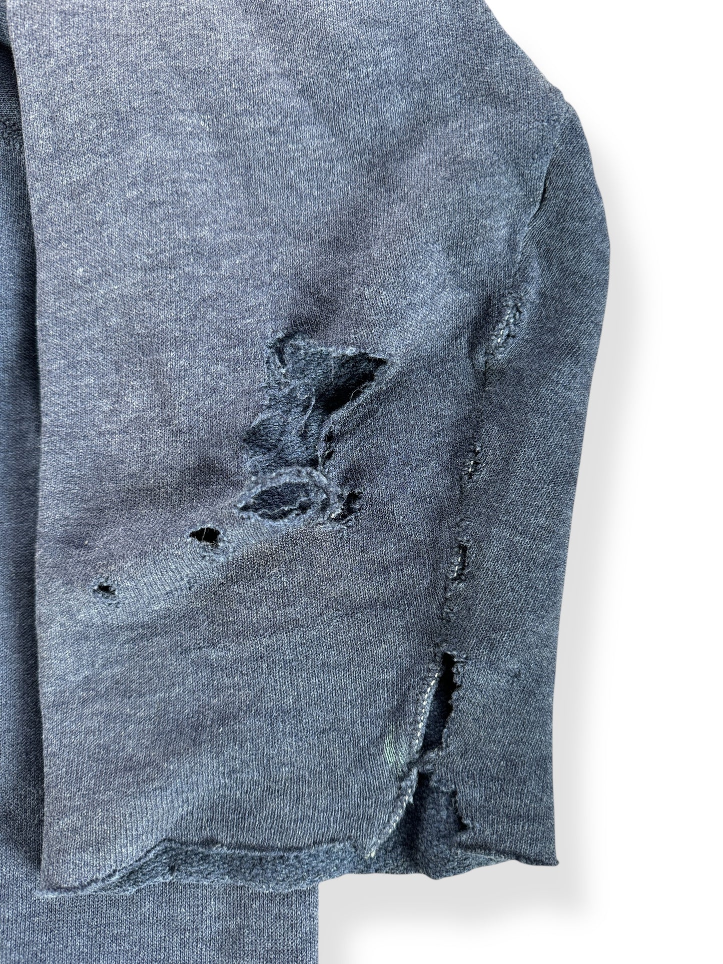Holes on Left Sleeve of Vintage Chopped Up Navy Annapolis Sweatshirt SZ L