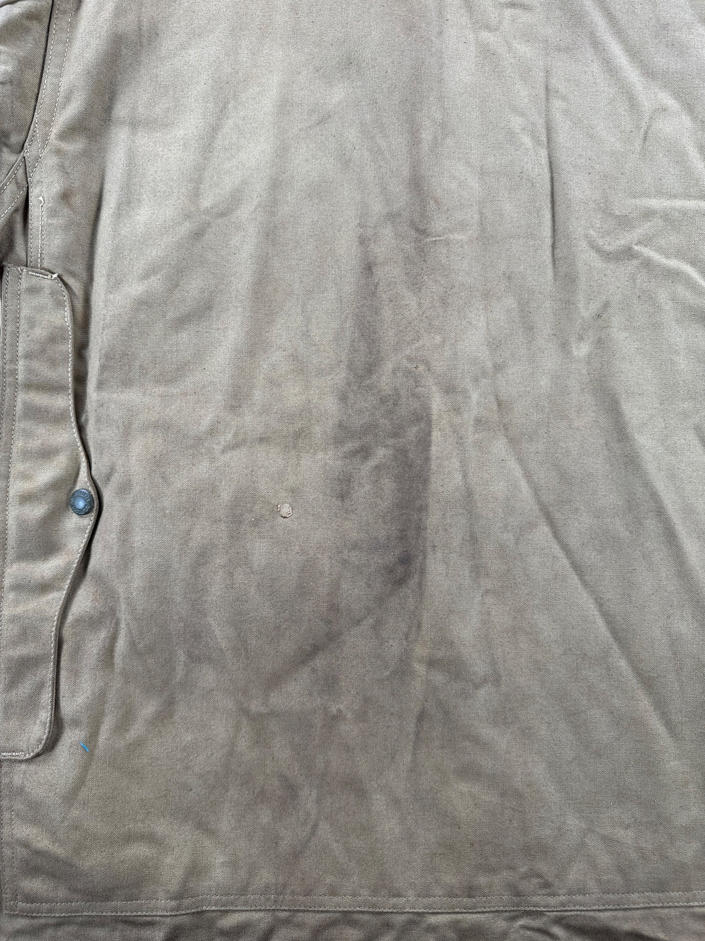Storage stain on rear of Vintage 1950s Filson Double Logger Tin Cloth Jacket SZ 42