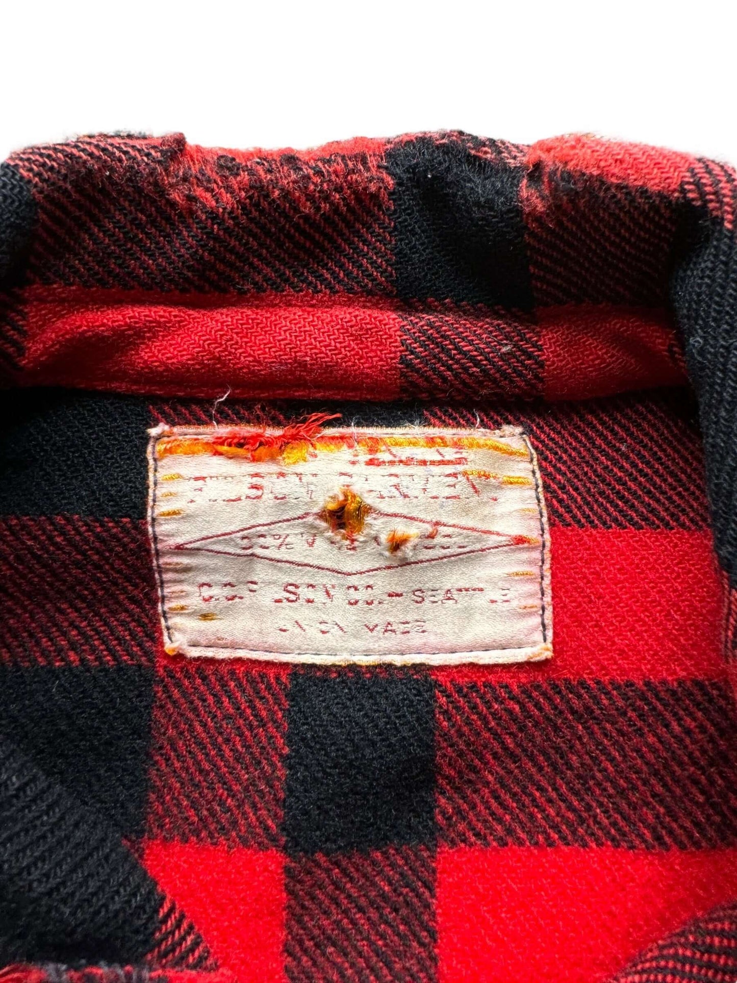 tag on 1960s Union Made Filson Buffalo Plaid Mackinaw Cruiser w/ Repairs SZ 48
