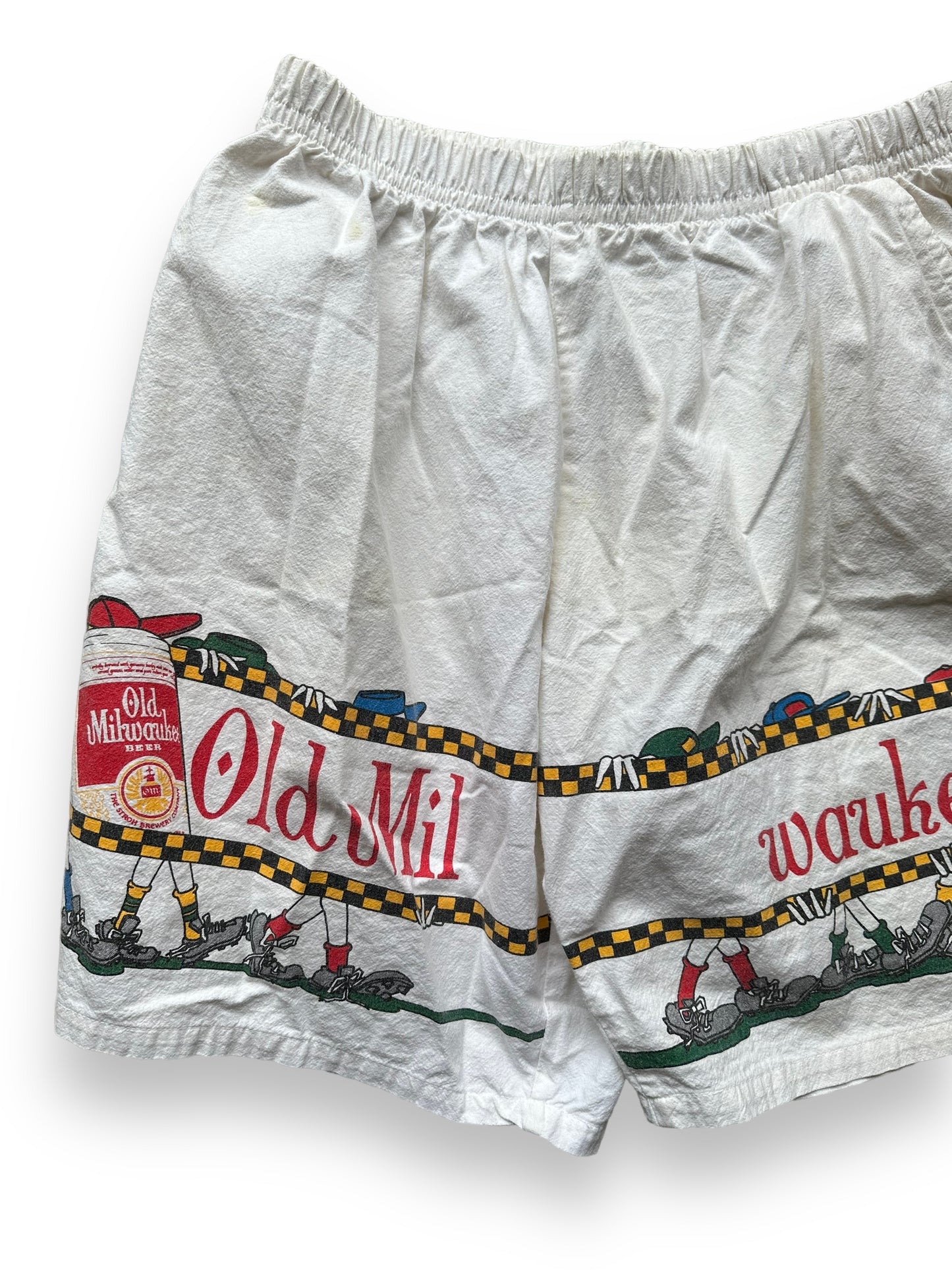 Front Right View of Vintage Old Milwaukee Beer Shorts SZ XL | Barn Owl Vintage Goods | Vintage Clothing Seattle