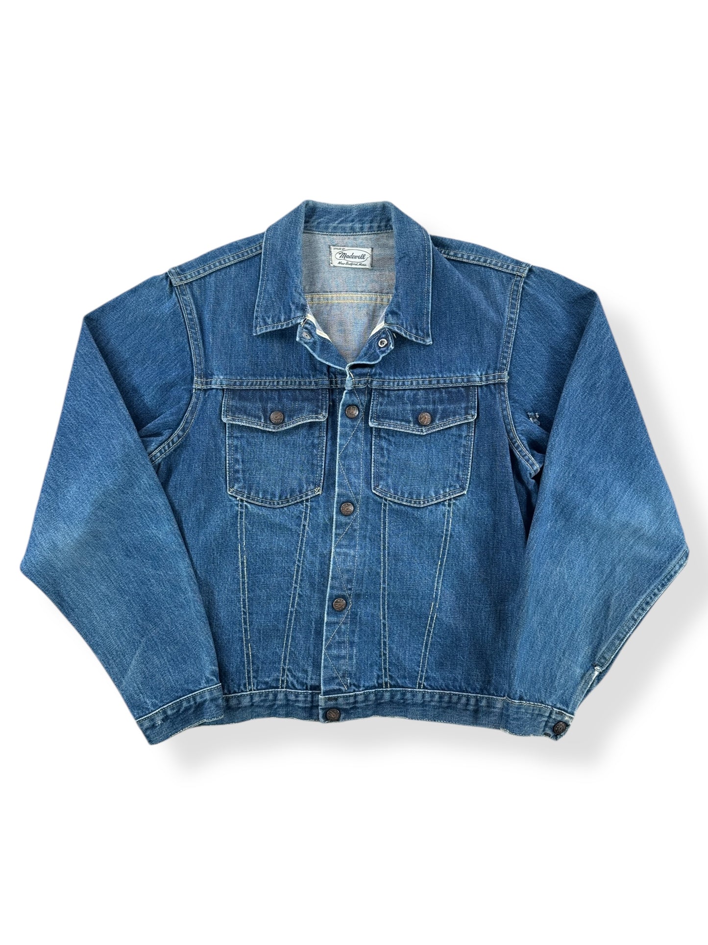 Front of Vintage Green Line Selvedge Madewell Denim Trucker Jacket SZ S