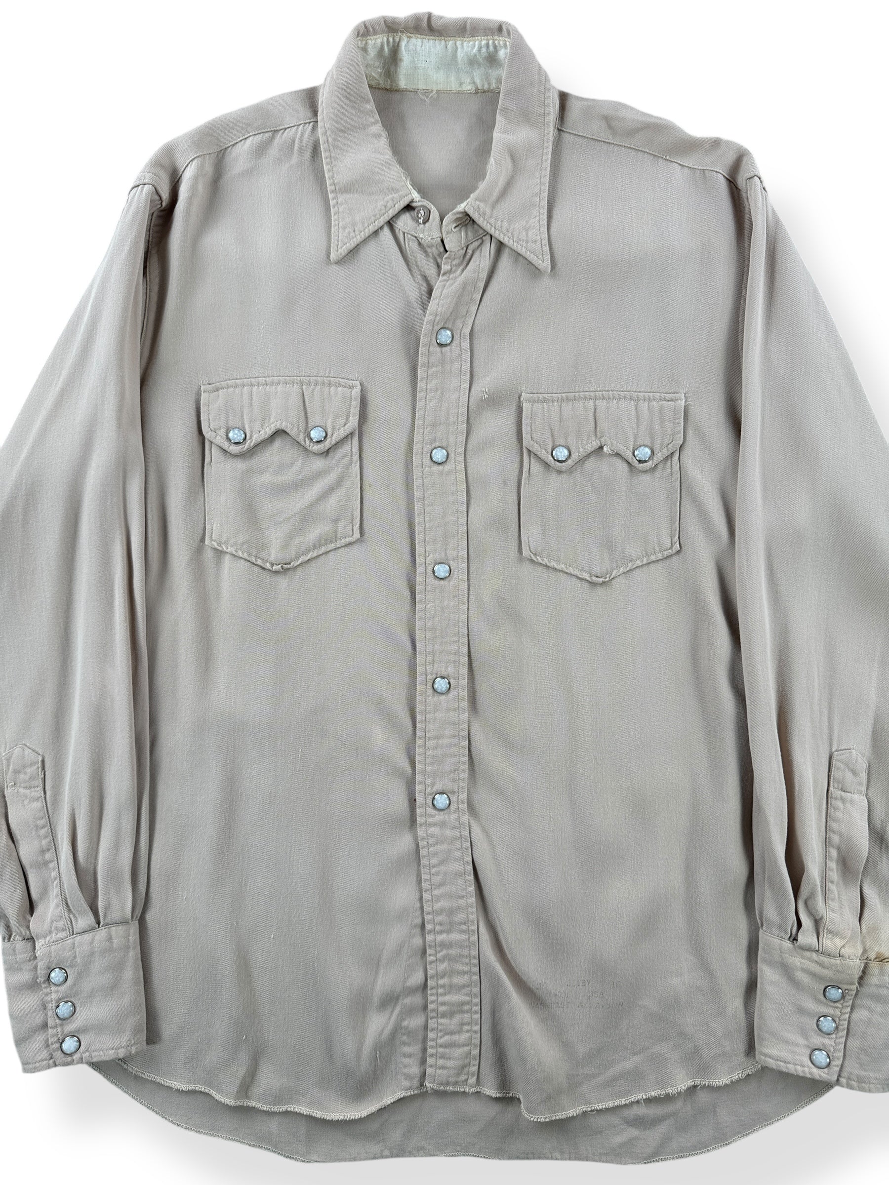 Front Close Up of Vintage Sawtooth Pocket Gabardine Pearl Snap Shirt SZ M