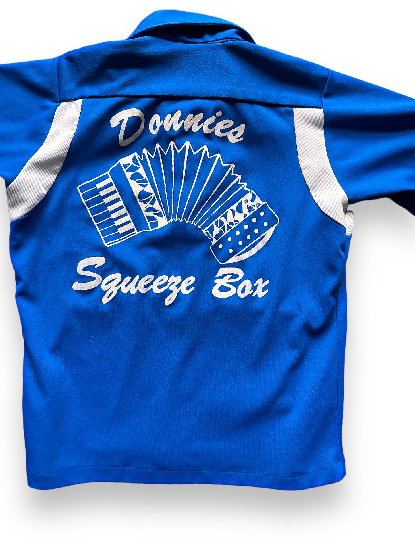 back close up of Vintage Donnie's Squeeze Box Polyester Bowling Shirt SZ M | Vintage Bowling Shirt Seattle | Barn Owl Vintage Seattle