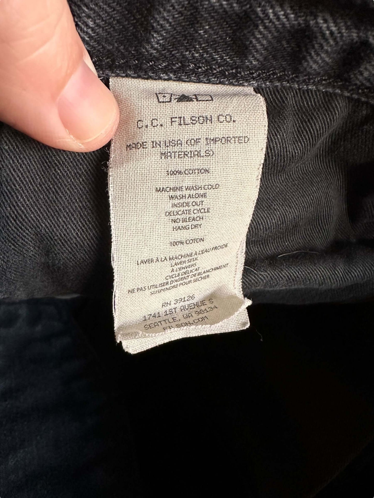 Production Tag on Black Filson Jeans W31 | Filson Dungarees | Filson Workwear Seattle