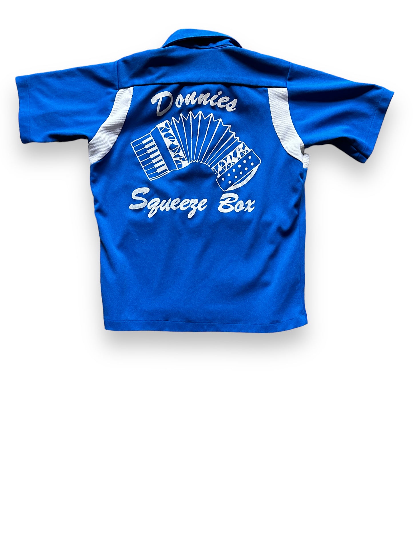 back of Vintage Donnie's Squeeze Box Polyester Bowling Shirt SZ M | Vintage Bowling Shirt Seattle | Barn Owl Vintage Seattle