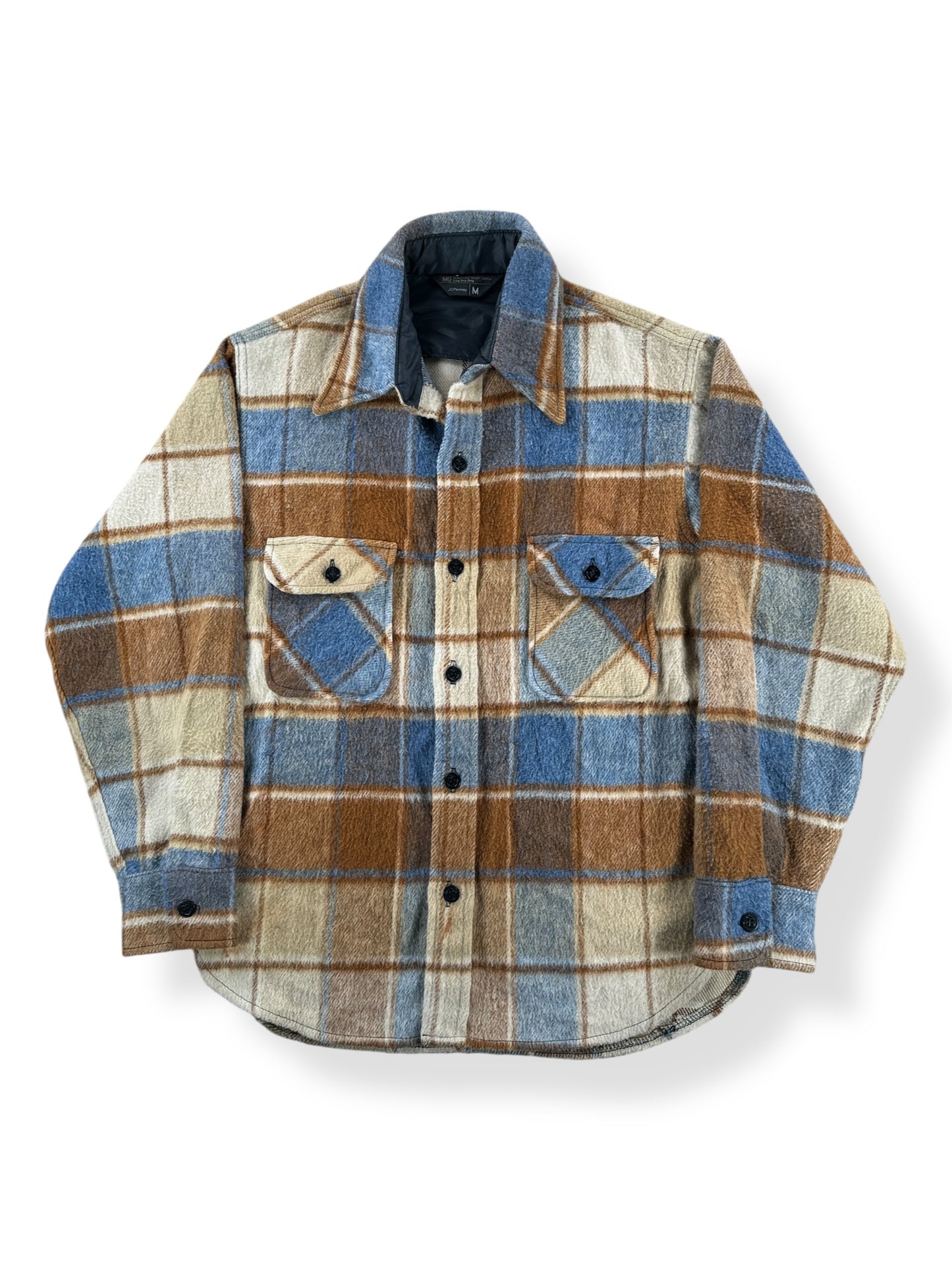 Front of Vintage JC Penney Blue and Beige CPO Flannel SZ M