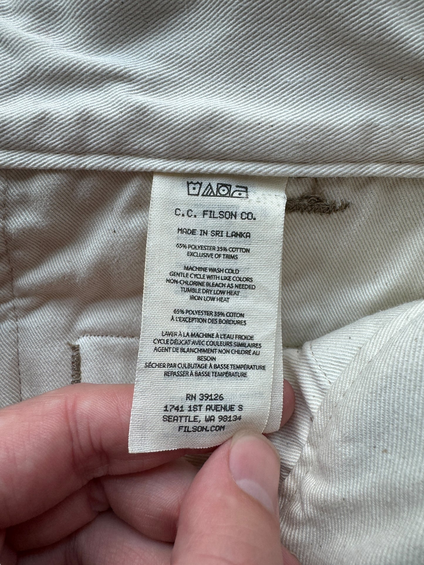 Tag on Filson Grey Khaki Anchorage Work Pants W29