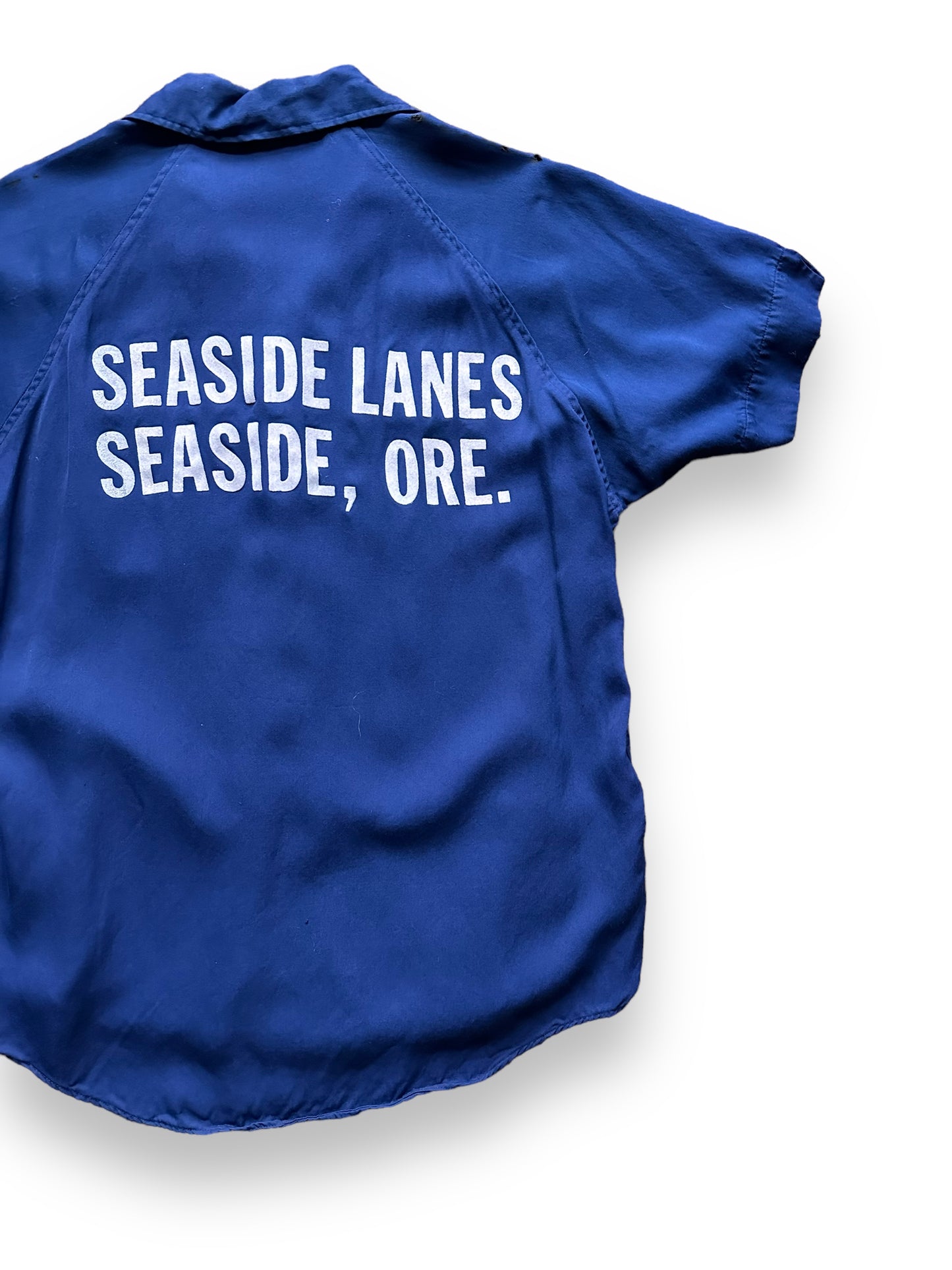 back right of Vintage Seaside Lanes Oregon Mens Rayon Bowling Shirt SZ M | Vintage Bowling Shirt Seattle | Barn Owl Vintage Seattle