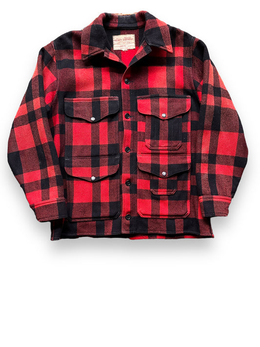 Front View of Vintage Sun Faded Union Made Filson  Red and Black Mackinaw Cruiser SZ 44 |  Vintage Filson Mackinaw | Vintage Filson Workwear Seattle