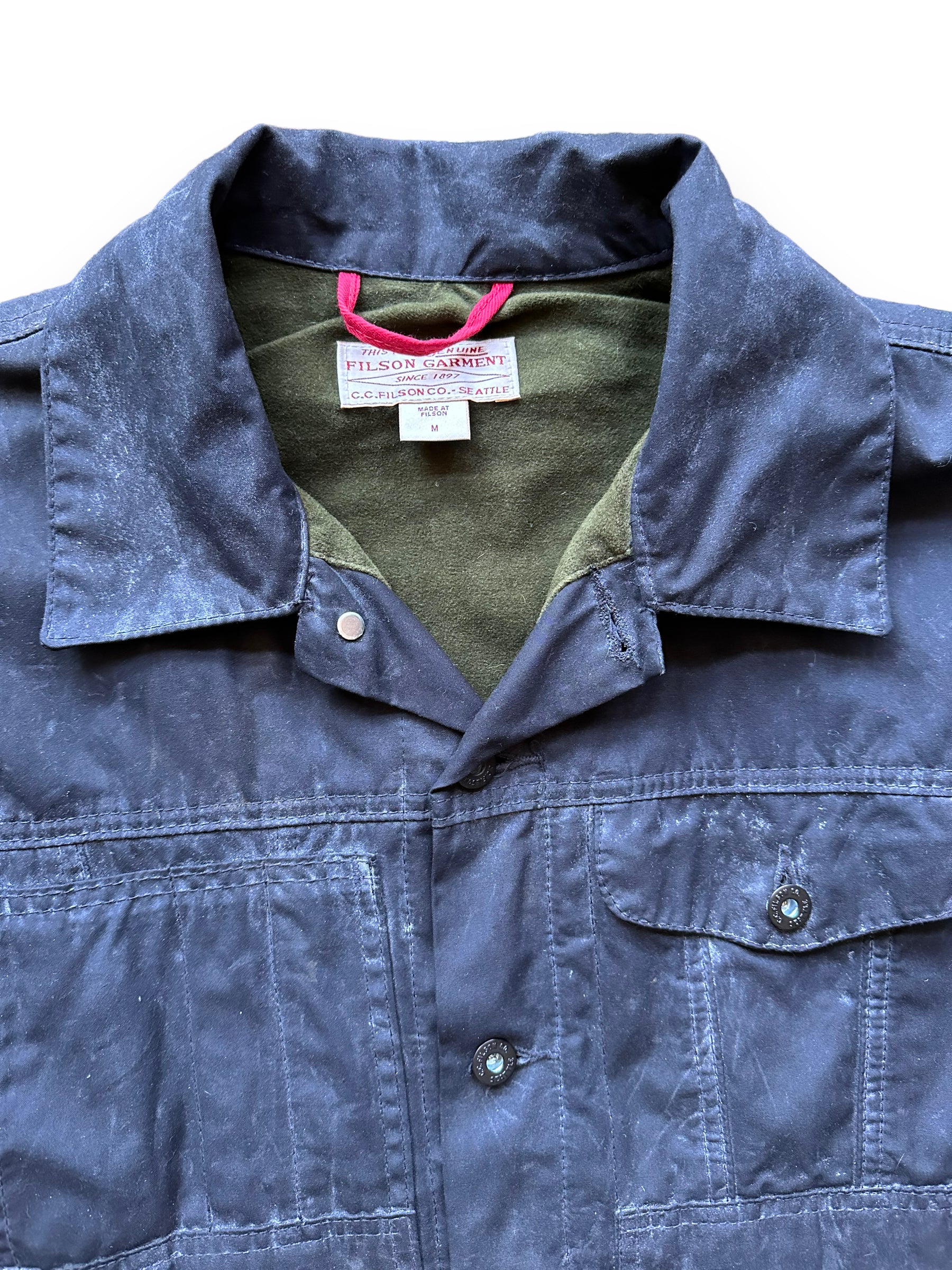 Upper Front View of Filson Black Short Lined Tin Cloth Cruiser SZ M |  Barn Owl Vintage Goods | Vintage Filson Workwear Seattle