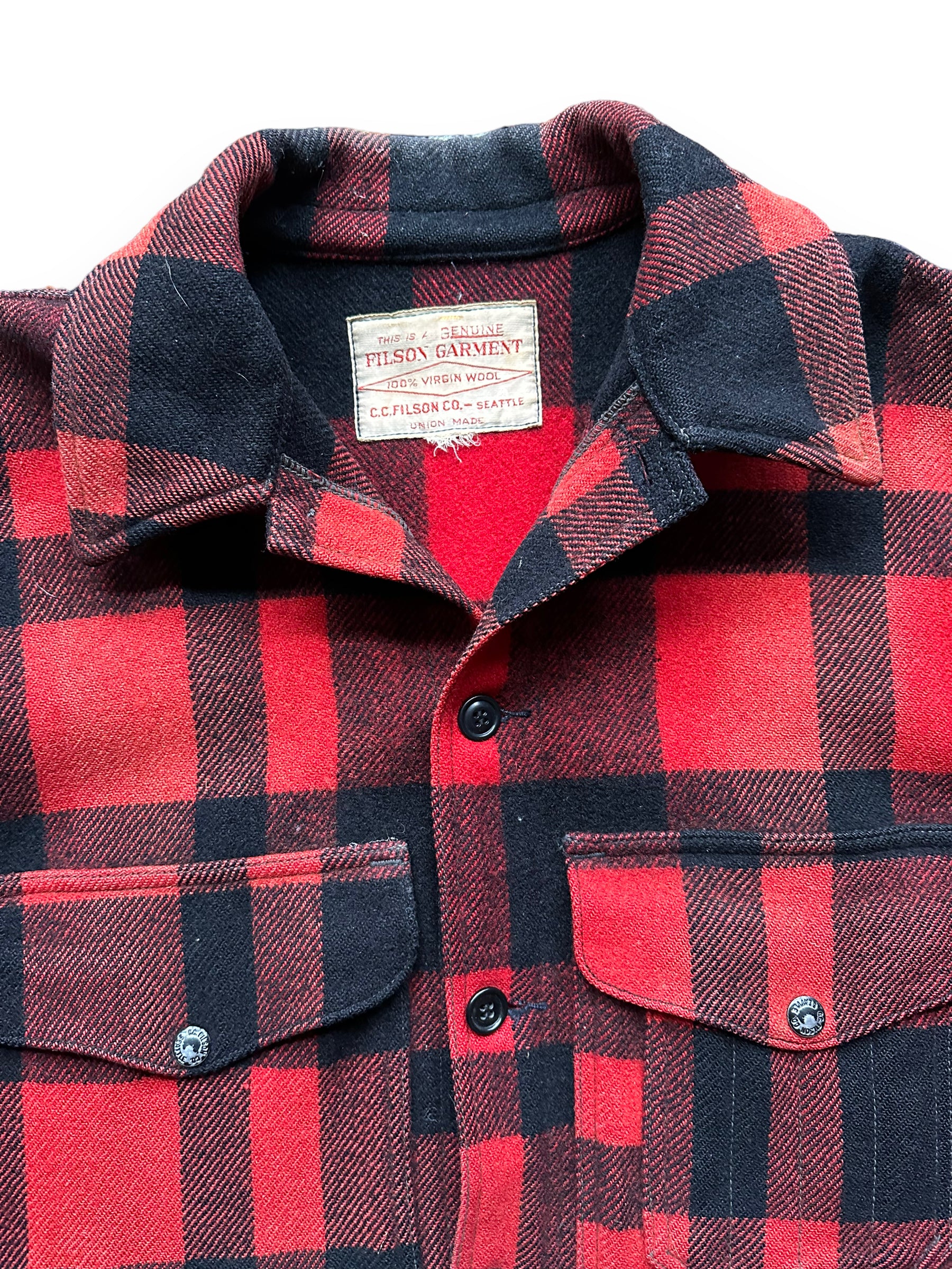 Upper Front View of Vintage Sun Faded Union Made Filson  Red and Black Mackinaw Cruiser SZ 44 |  Vintage Filson Mackinaw | Vintage Filson Workwear Seattle