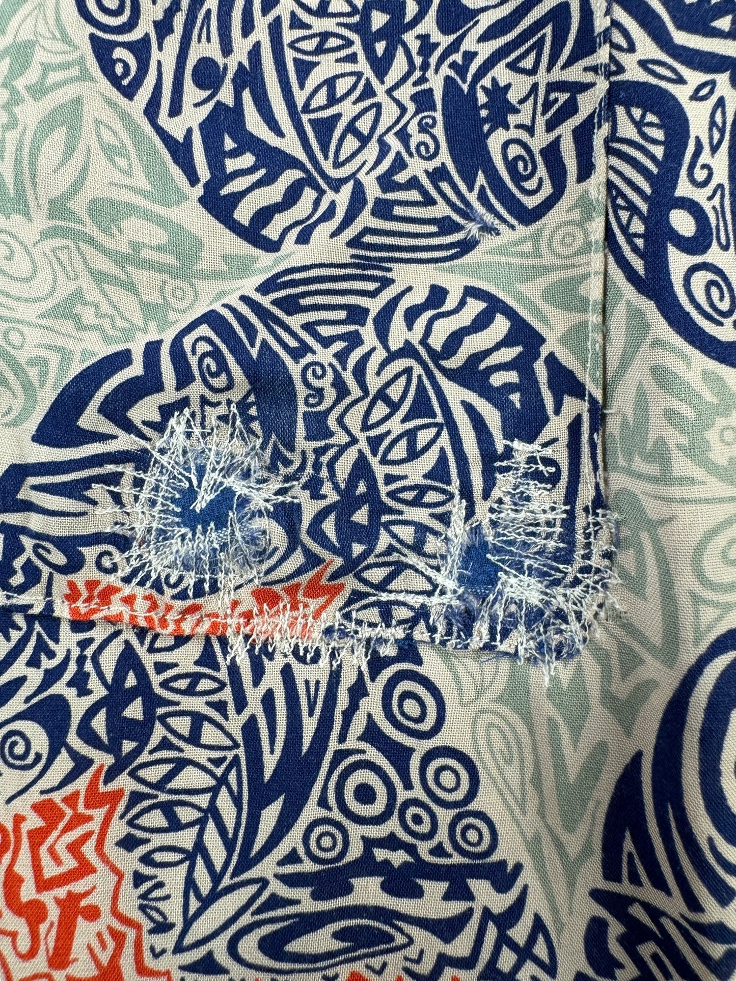 Repair on Pocket of Vintage Repaired Arrow Sanforset Rayon Aloha Shirt SZ L