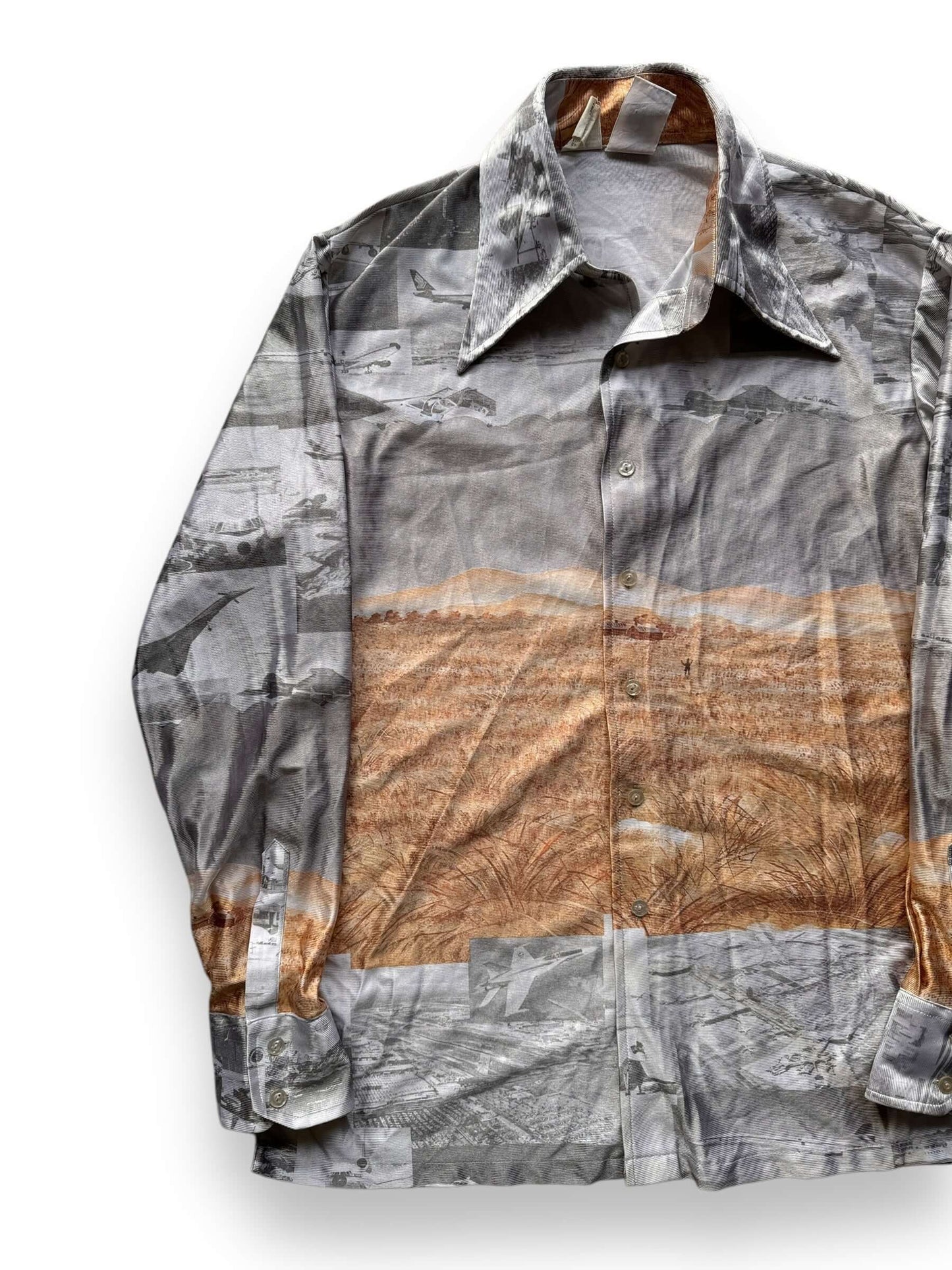 Front Right of Vintage Kennington History of Flight Disco Shirt SZ L