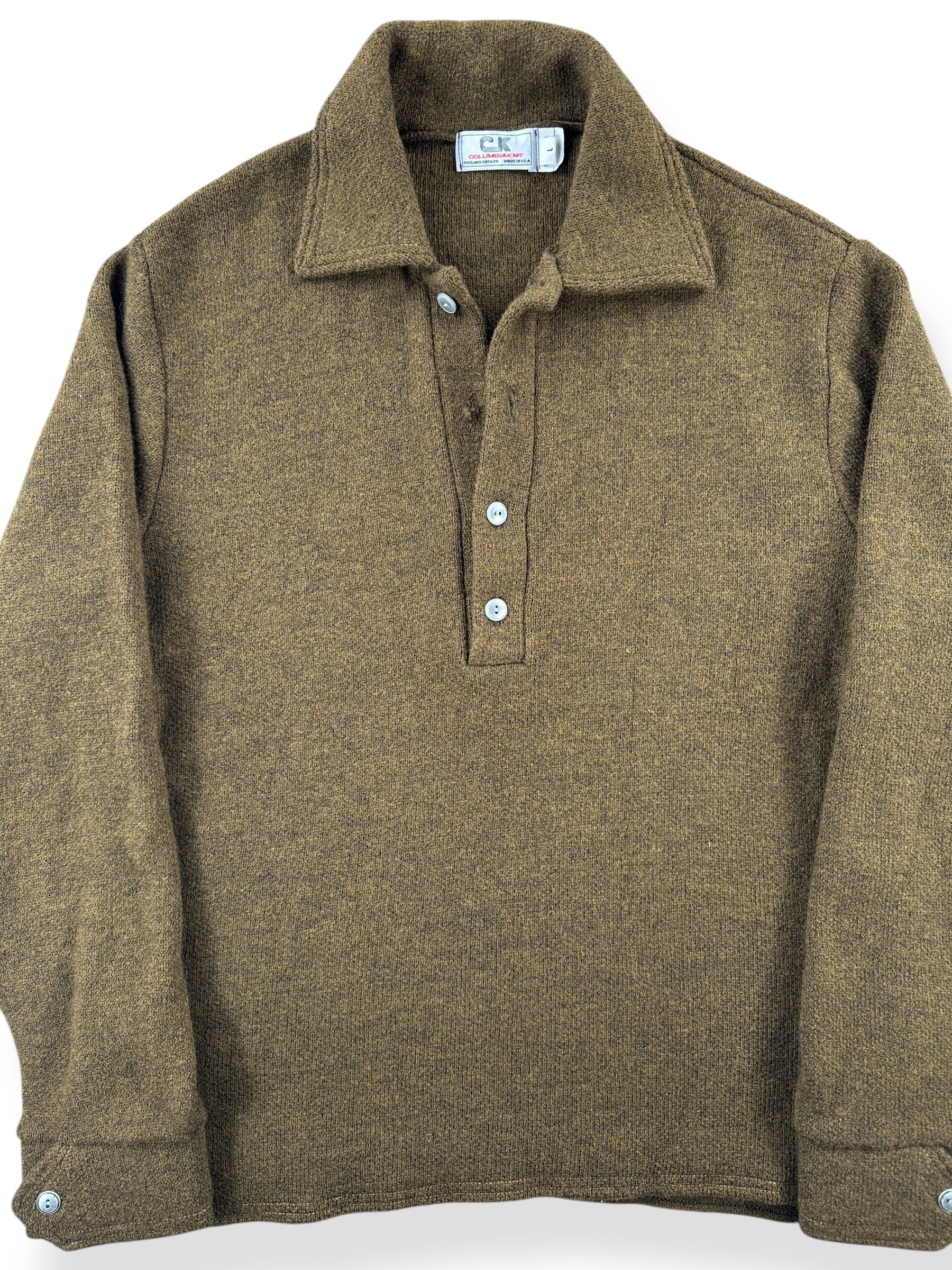 Front Close Up of Vintage Columbia Knit Wool Pullover SZ L